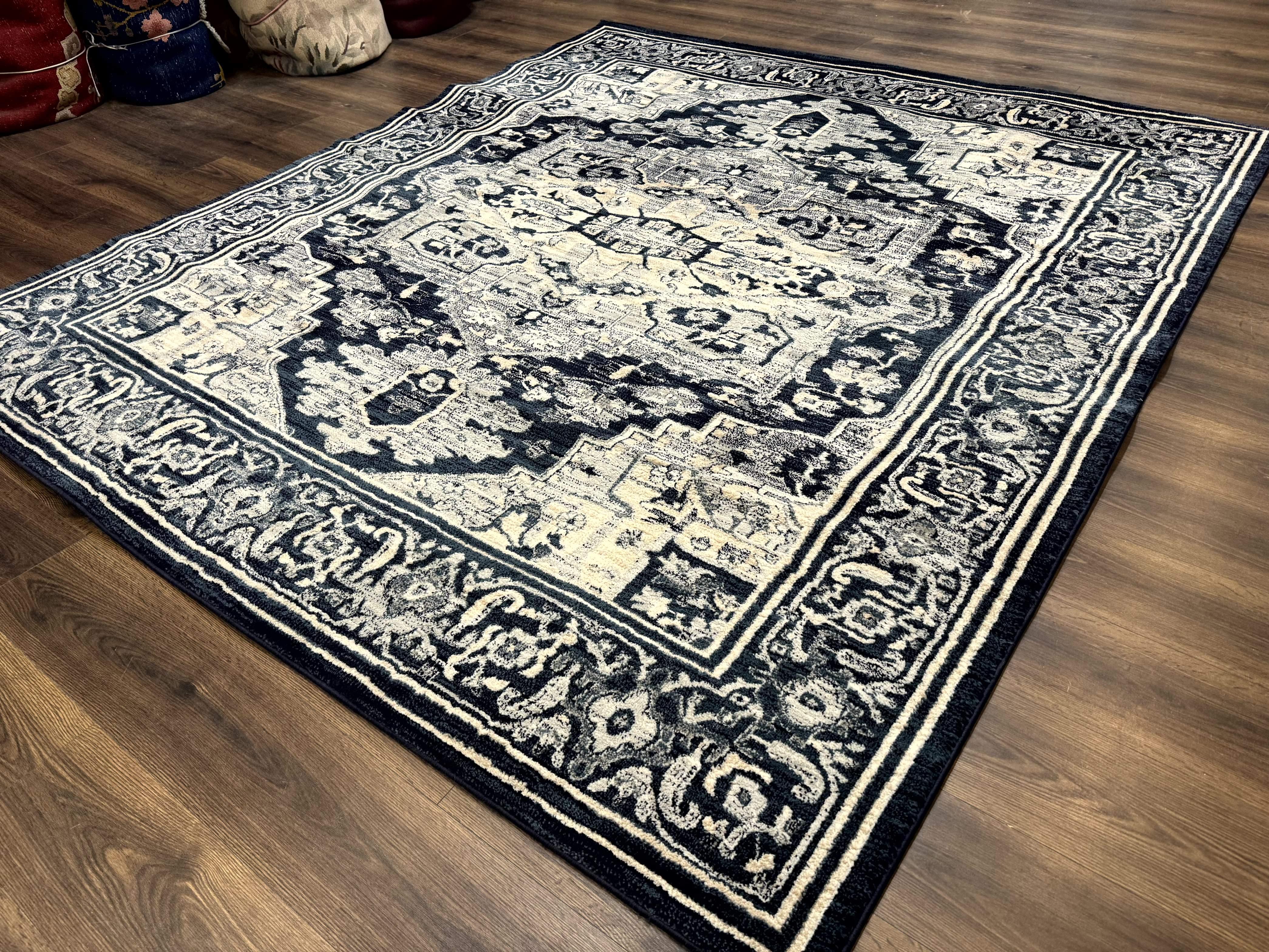 Heriz Pattern Rug 8x10, Modern Heriz Carpet, Geometric Area Rug, Oat and Navy Blue - Jewel Rugs