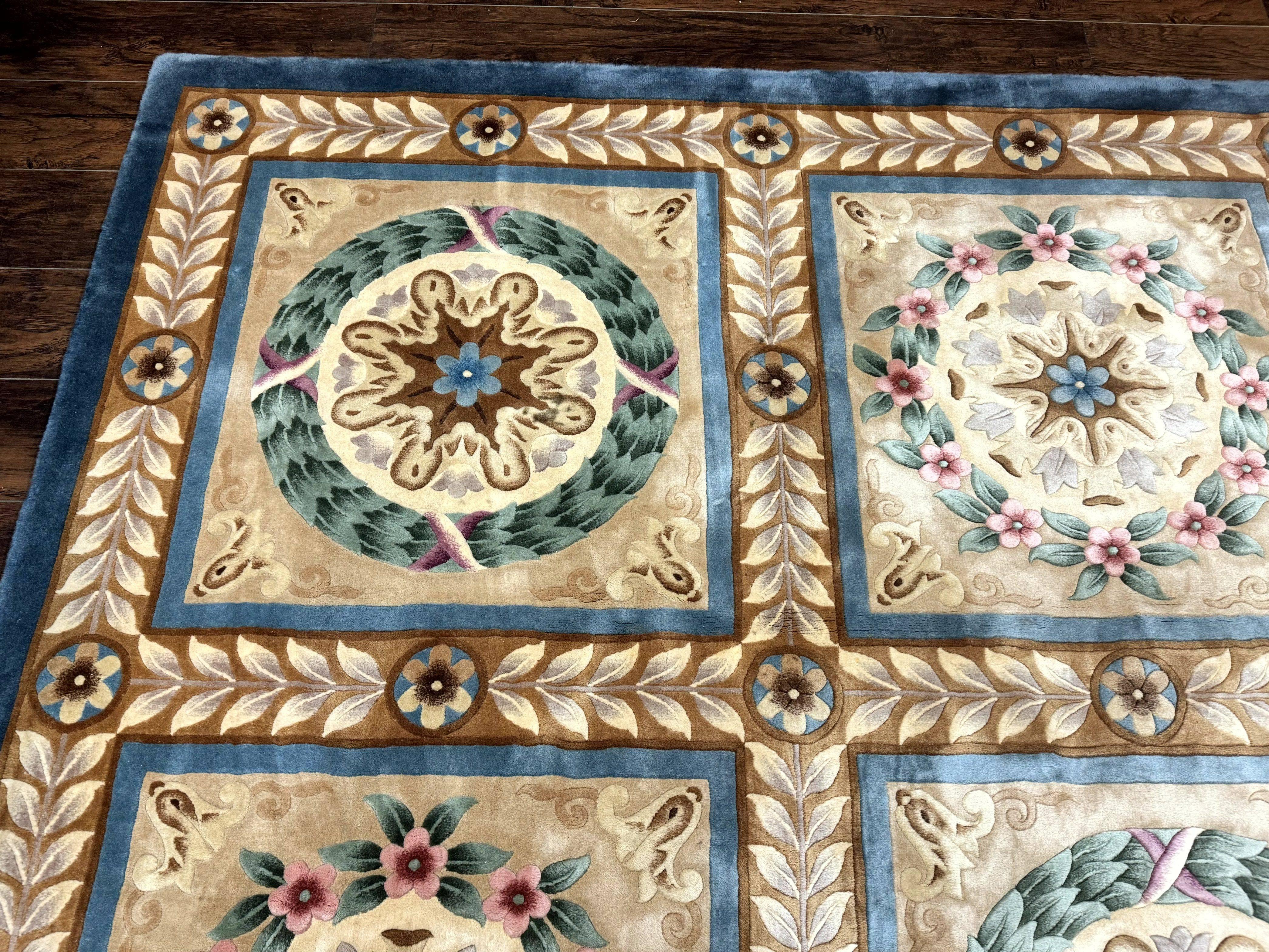 Chinese Aubusson Wool Rug 10x13, European Panel Design, Elegant Carpet, Vintage Handmade Plush Wool Pile Carpet, 90 Line Rug, Tan - Jewel Rugs