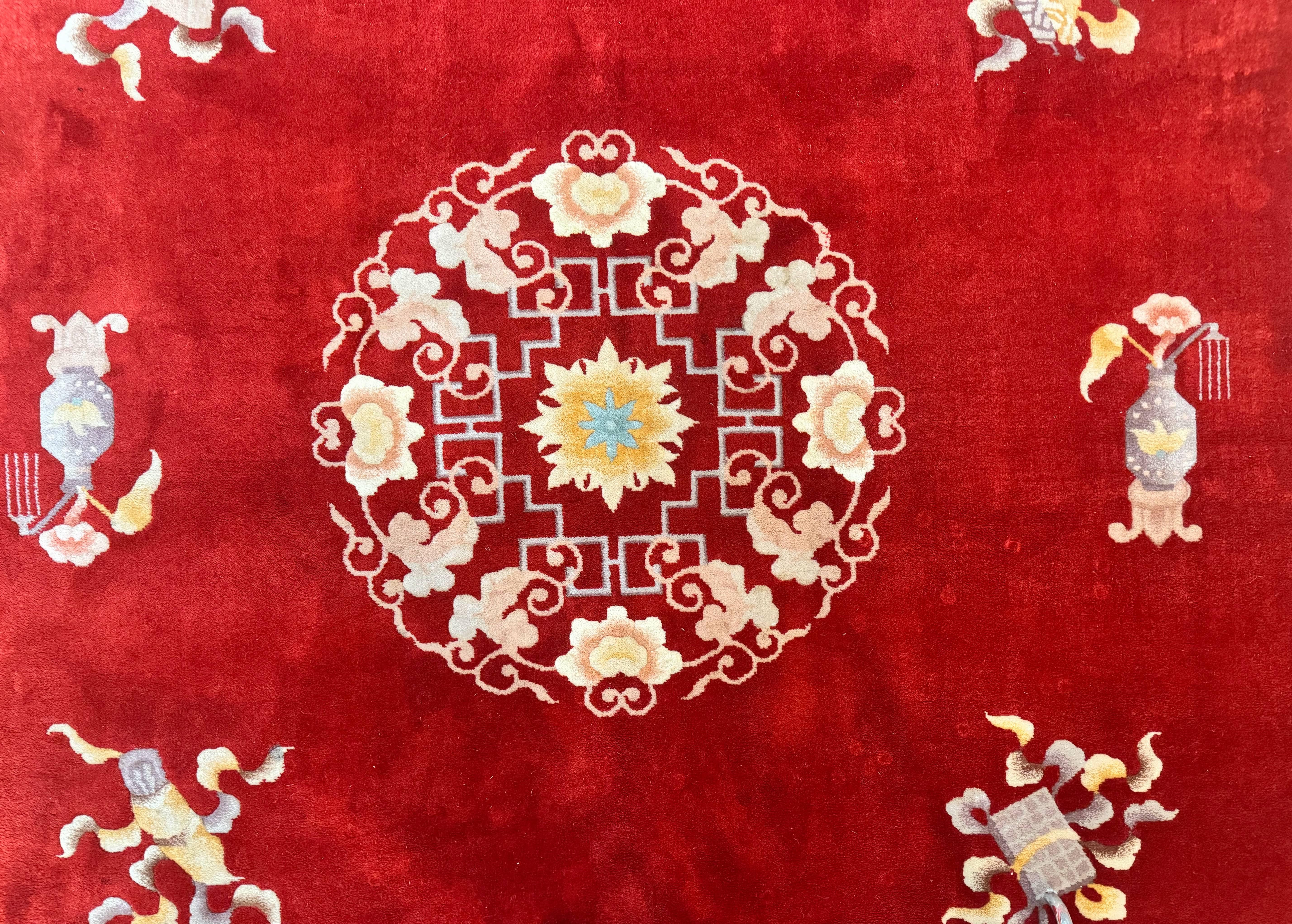 Chinese Wool Rug 8.6 x 11, Red and Beige Asian Oriental Carpet, Plush Pile, Vintage Handmade Chinese Carving Sculpted Rug, Semi Open Field - Jewel Rugs