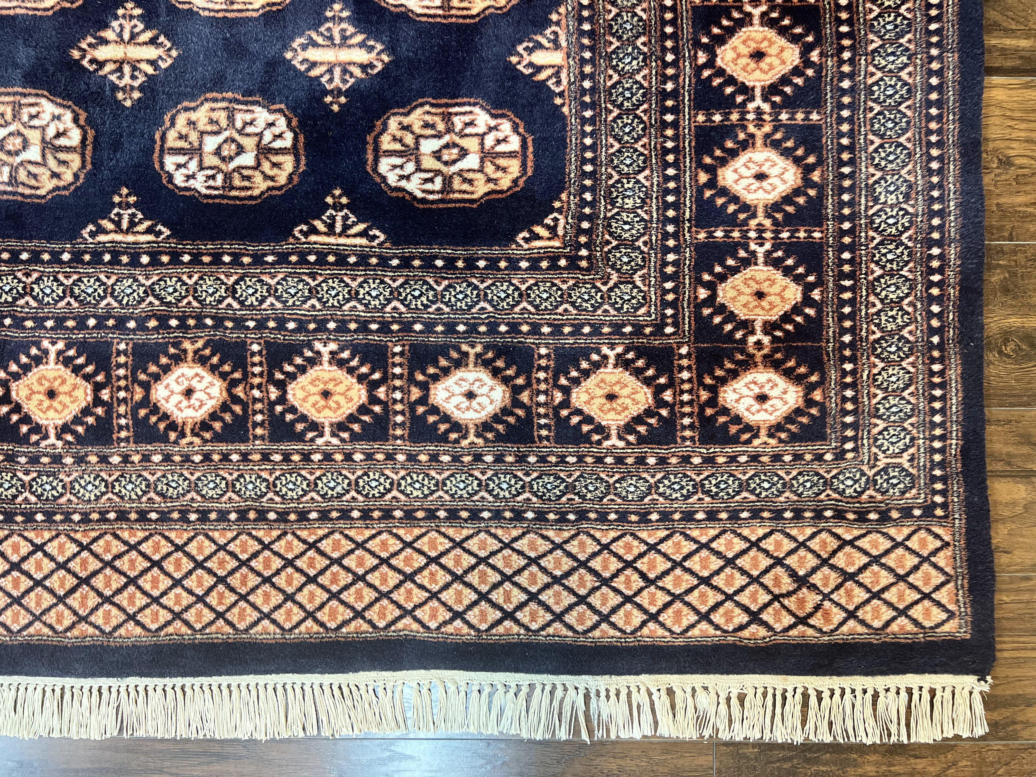 Pakistani Bokhara Rug 8x10, Turkoman Carpet 8 x 10, Dark Blue Ivory Cream Tan, Hand Knotted Vintage Handmade Wool Tribal Rug - Jewel Rugs