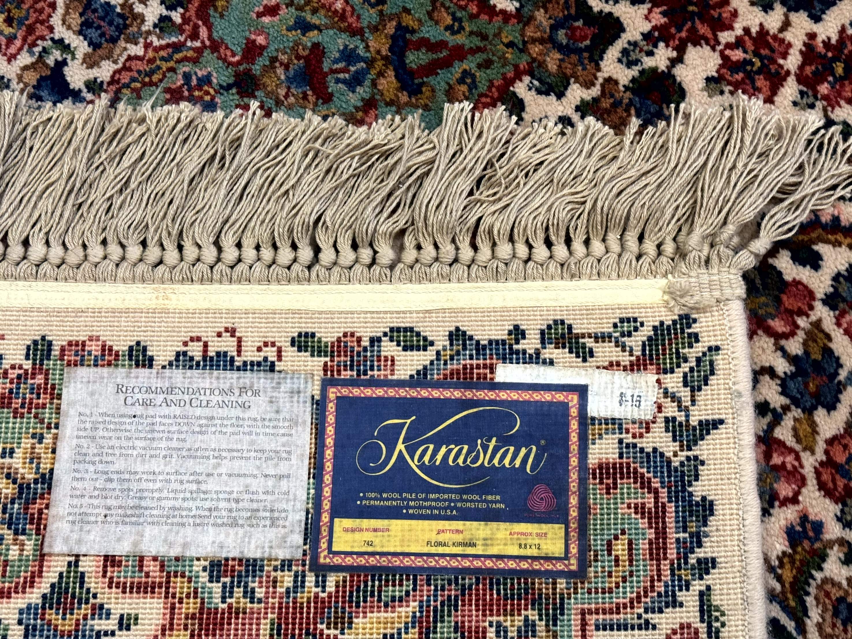 Karastan Rug #742 Floral Kirman 8.8 x 12, Wool Pile, Vintage Original Series, Rare - Jewel Rugs