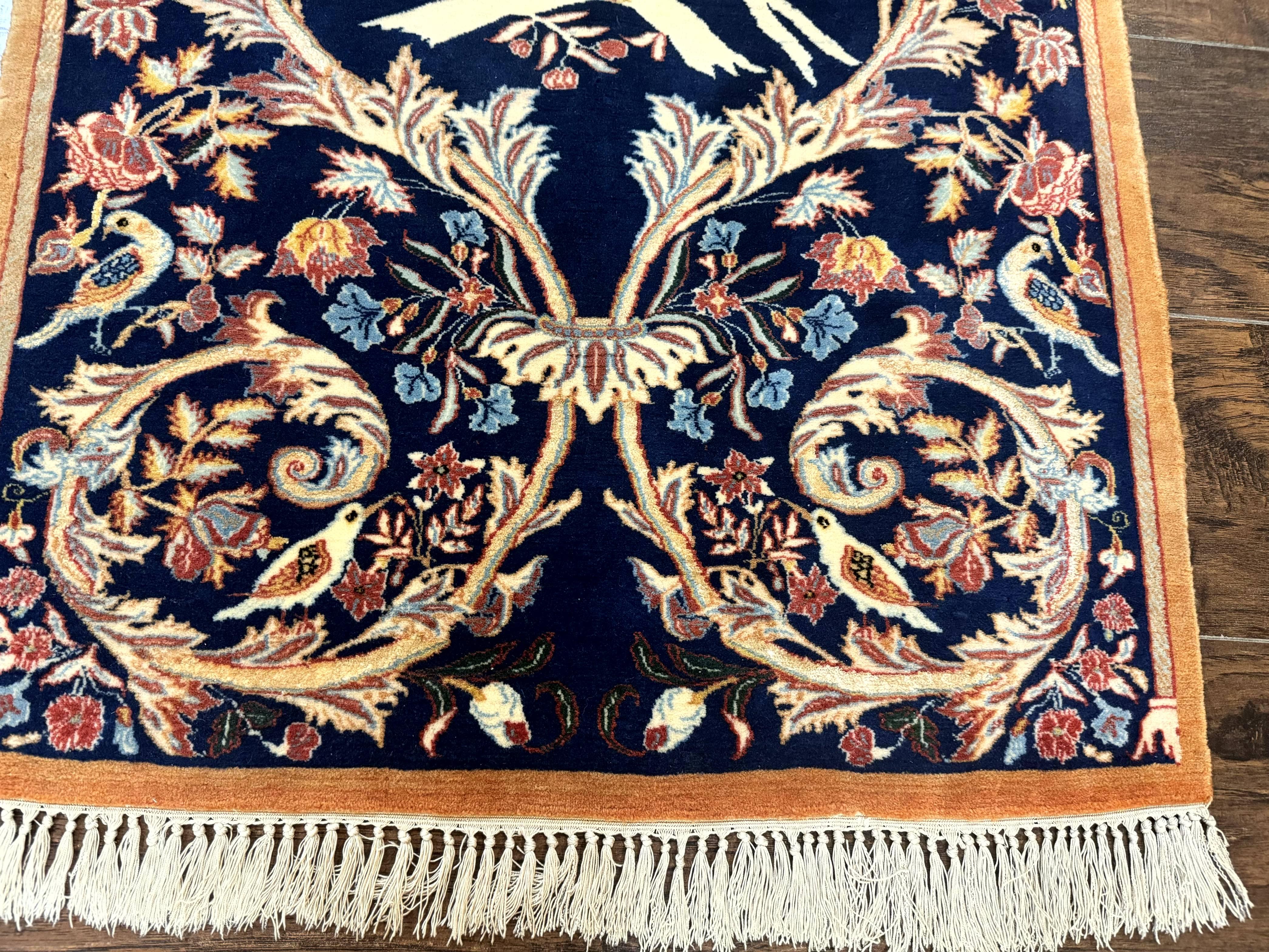 Persian Isfahan Rug 2x4, Birds, Navy Blue, Kork Wool on Silk Foundation, 460 KPSI - Jewel Rugs