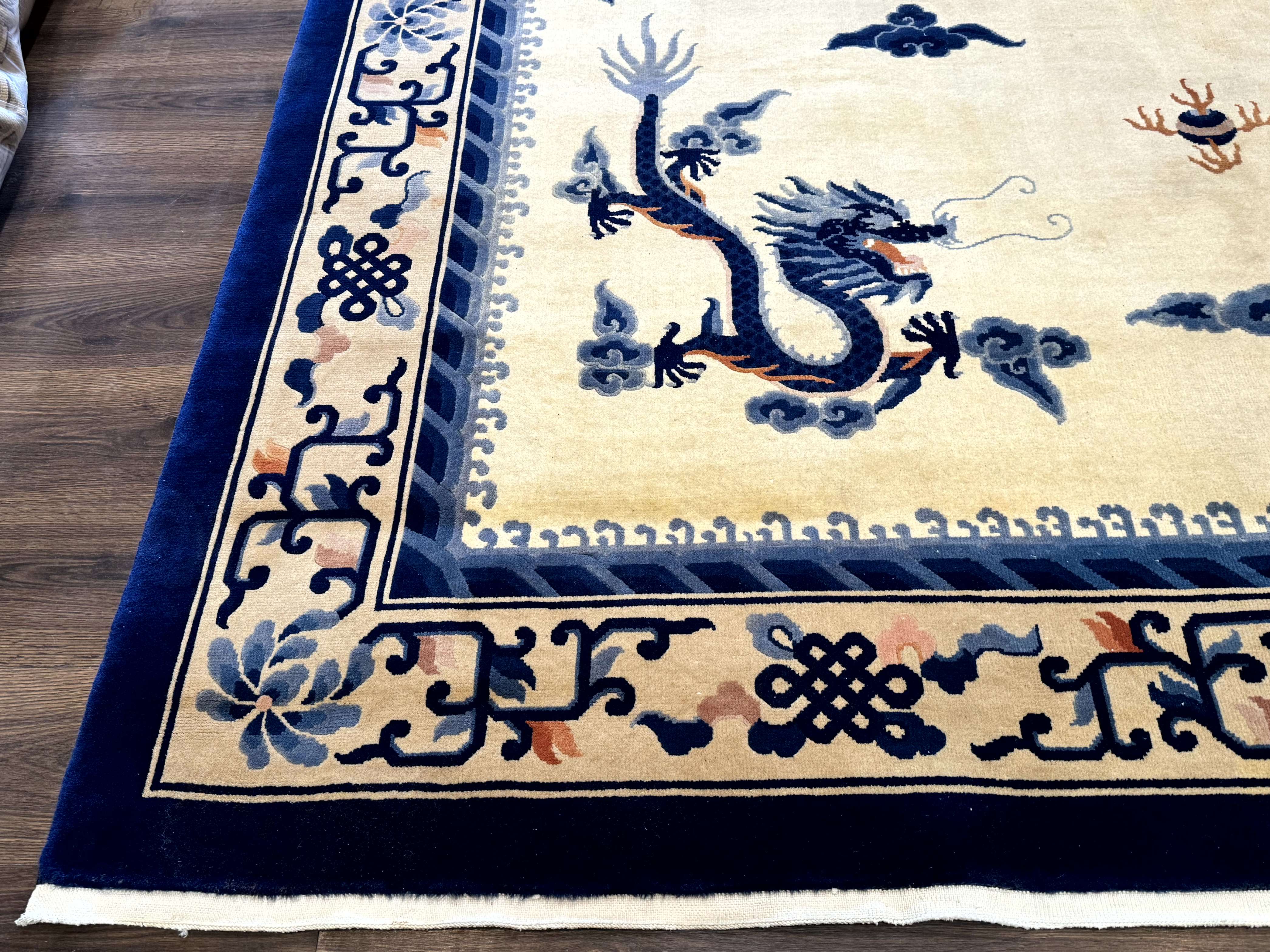 Chinese Dragon Peking Rug 8 x 11.6, Ivory and Blue, Chinese Wool Rug, Vintage - Jewel Rugs