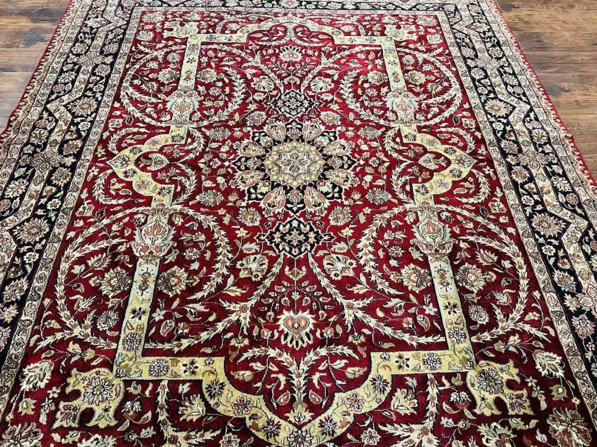 Indo Persian Rug 8x10, Red Vintage Wool Traditional Carpet, Floral, Handmade - Jewel Rugs