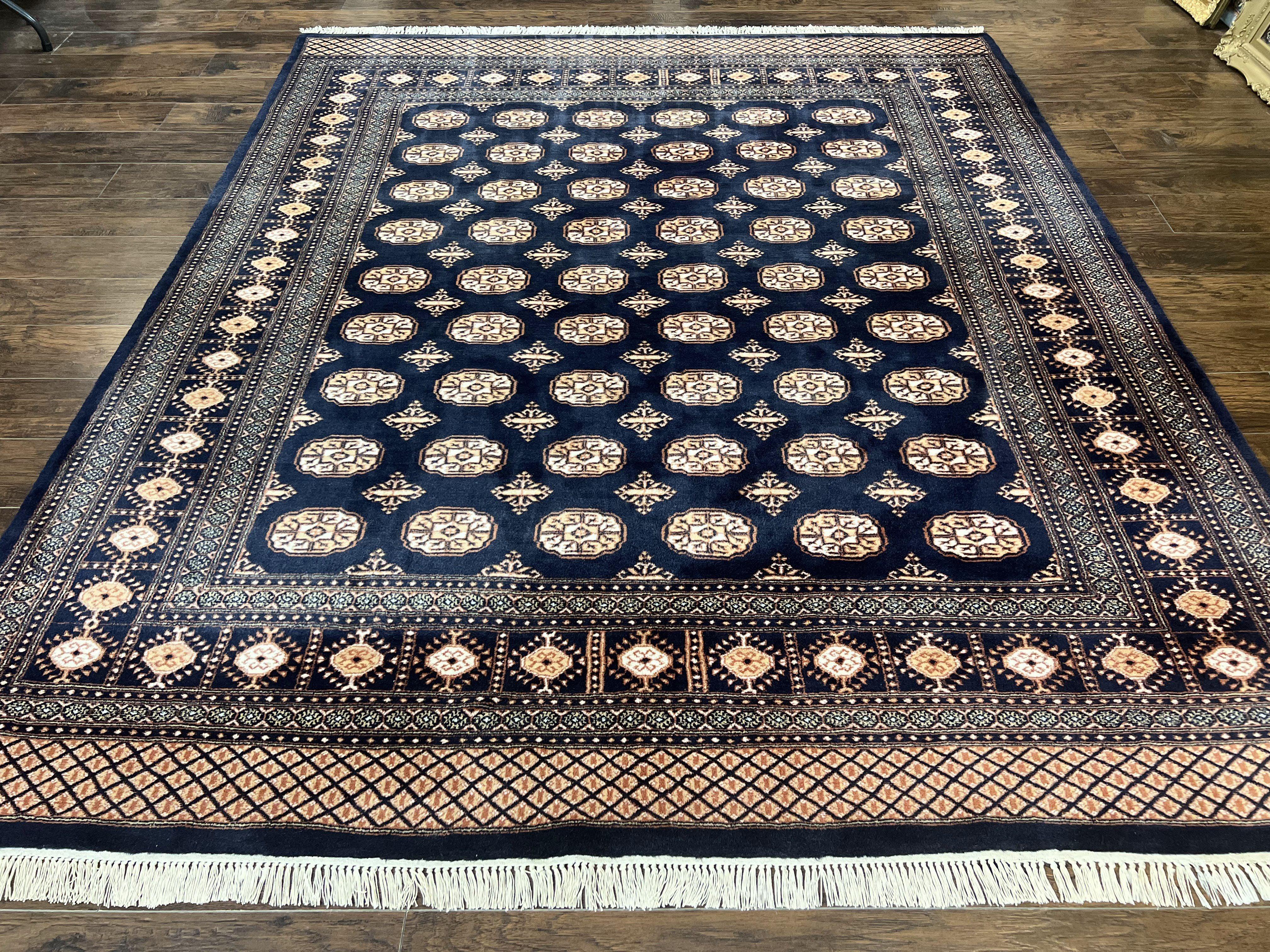 Pakistani Bokhara Rug 8x10, Turkoman Carpet 8 x 10, Dark Blue Ivory Cream Tan, Hand Knotted Vintage Handmade Wool Tribal Rug - Jewel Rugs