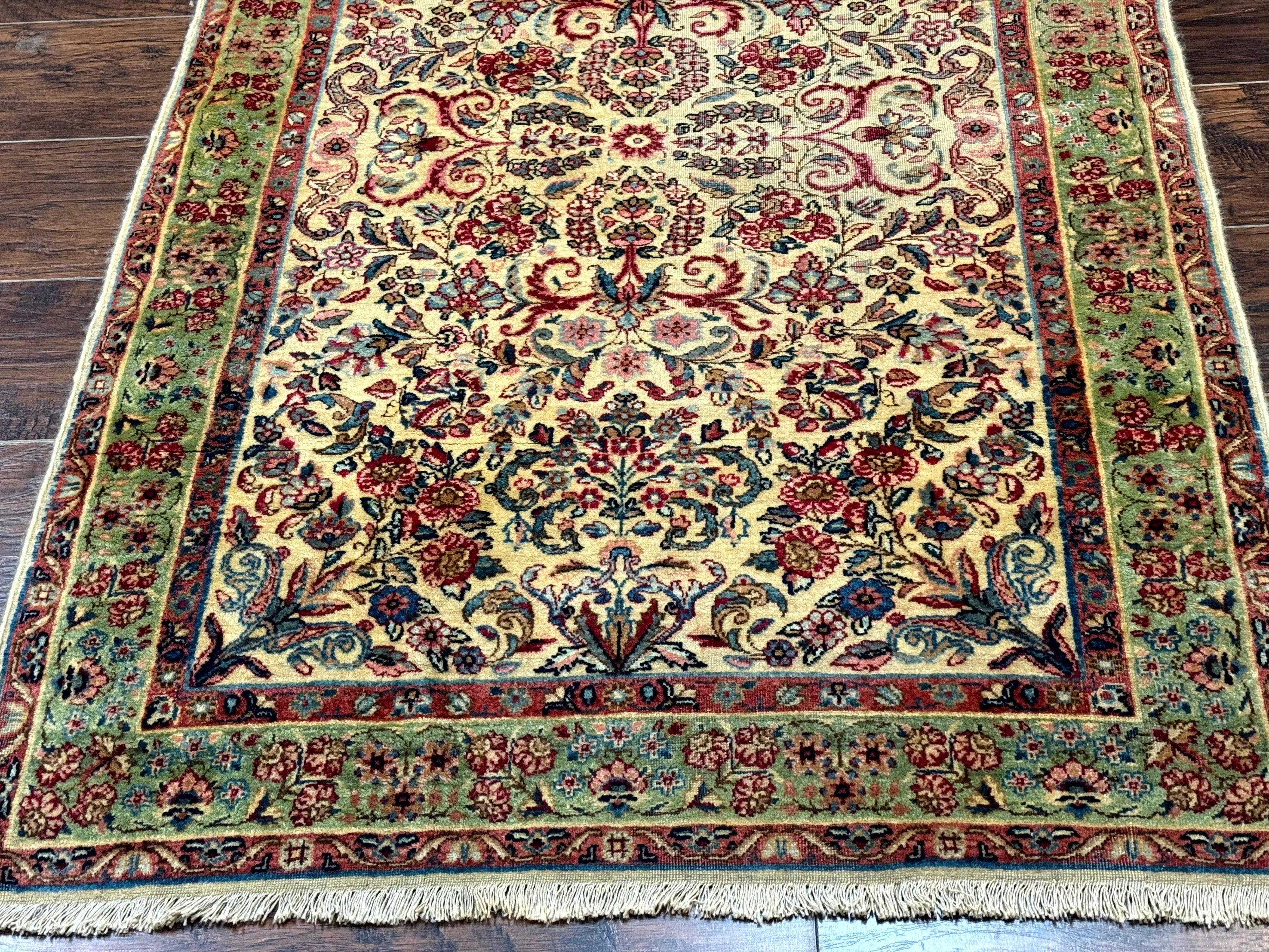 Antique Persian Kerman Rug 3x5, Floral Design, Cream and Light Green - Jewel Rugs