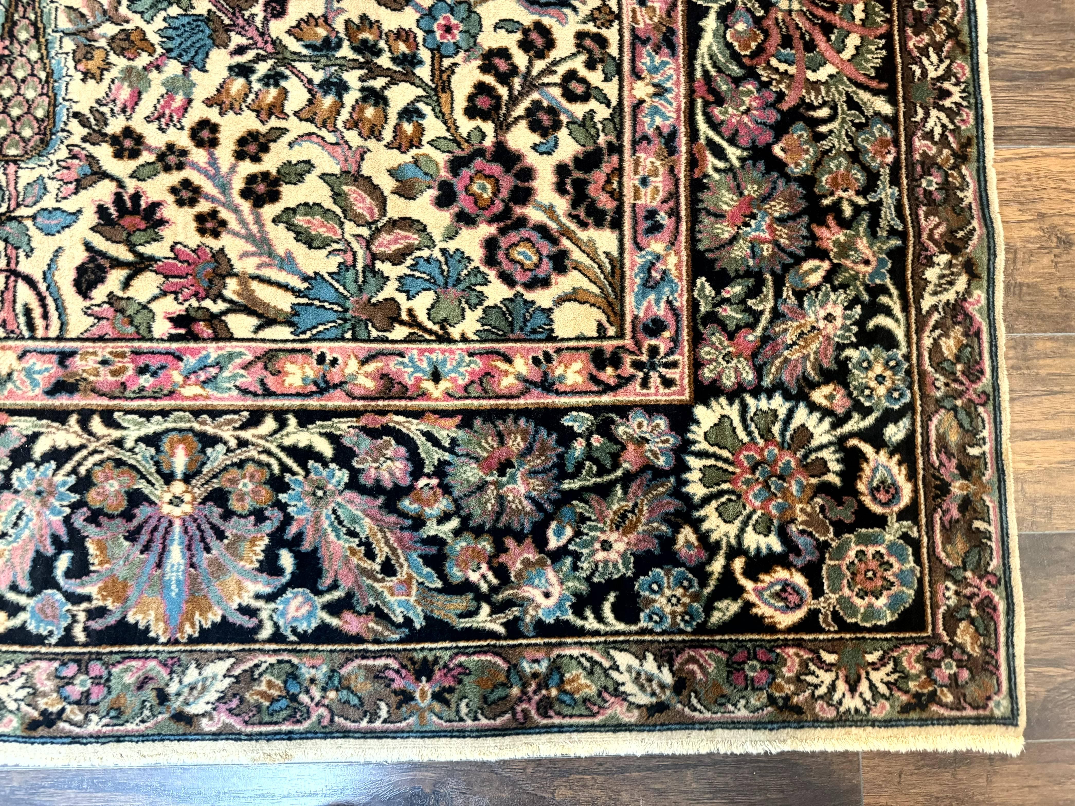 Persian Rug 9x12, Vintage Belgium Power Loomed Rug, Kirman Design, Cream and Navy Blue, Floral Allover Pattern, Wool, Cedar Trees, Gulistan - Jewel Rugs