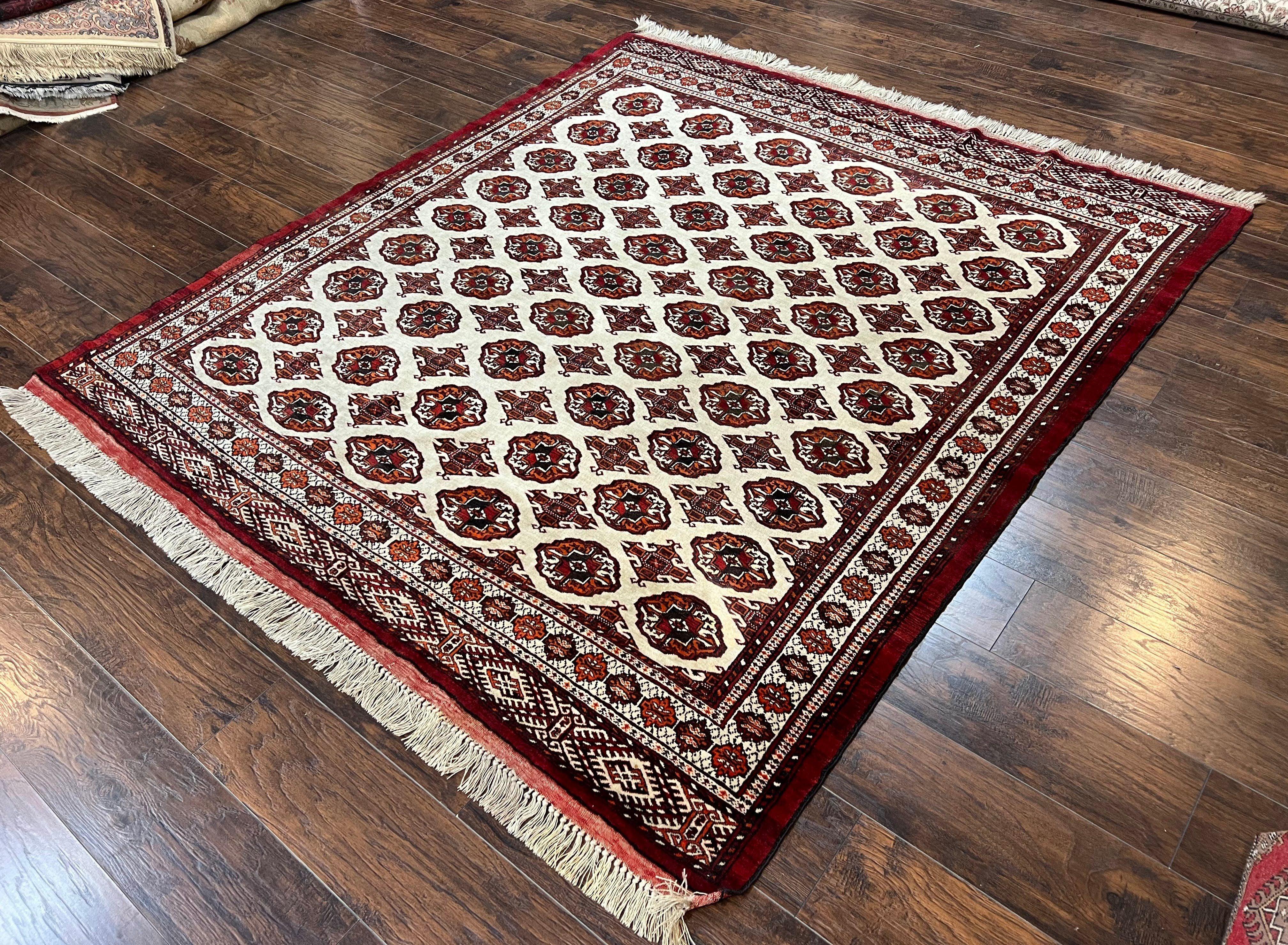 Persian Turkoman Rug 7x8, Almost Square Rare, Hand Knotted, Yamud, Bohemian Rug, Handmade Tribal Rug, Cream Red, Handmade Oriental Carpet - Jewel Rugs
