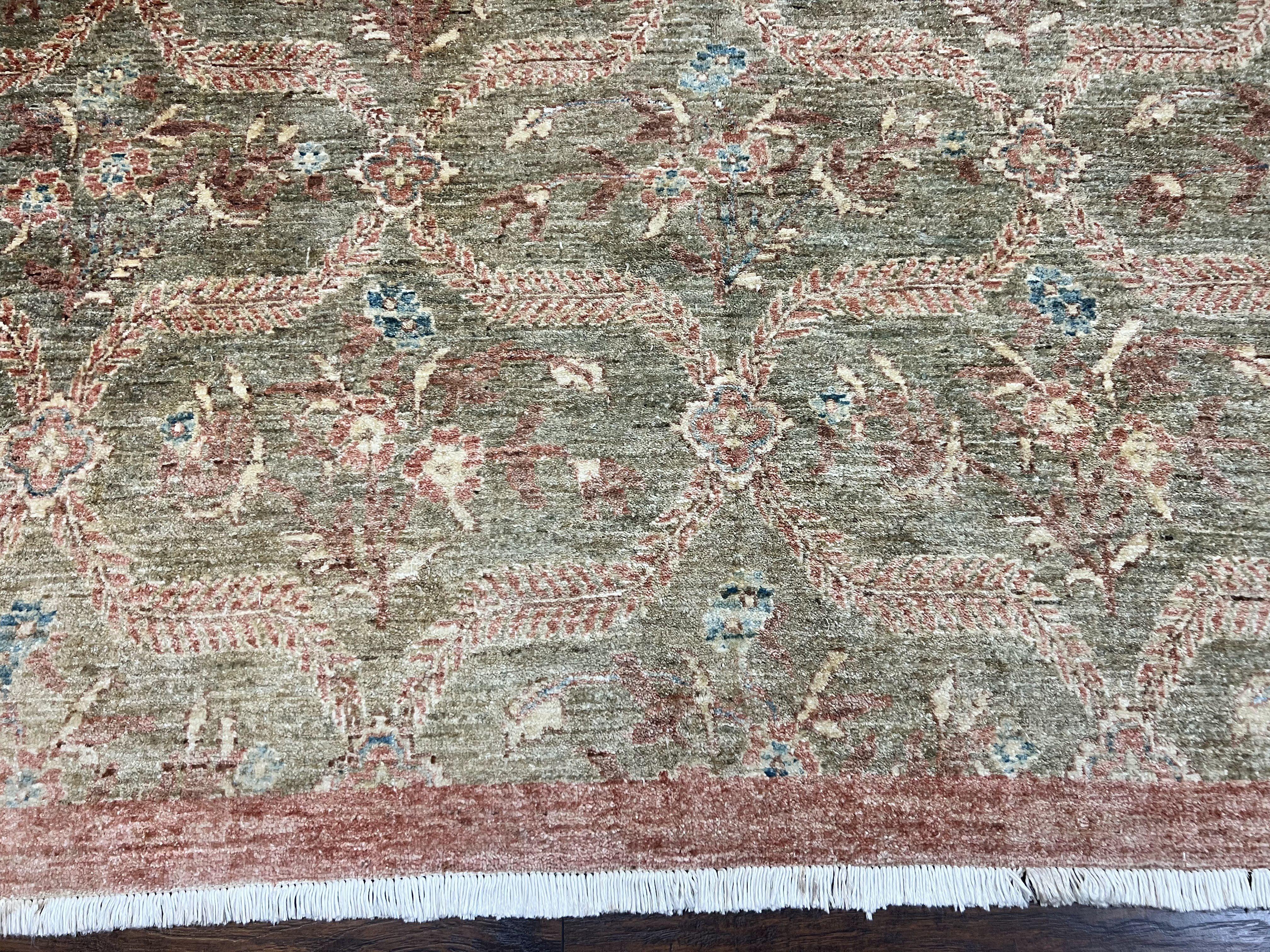 Large Modern Pakistani Rug 9x12, Handmade Wool Carpet, Peshawar Rug, Hand Knotted Oriental Rug, Contemporary, Floral, Light Green - Jewel Rugs