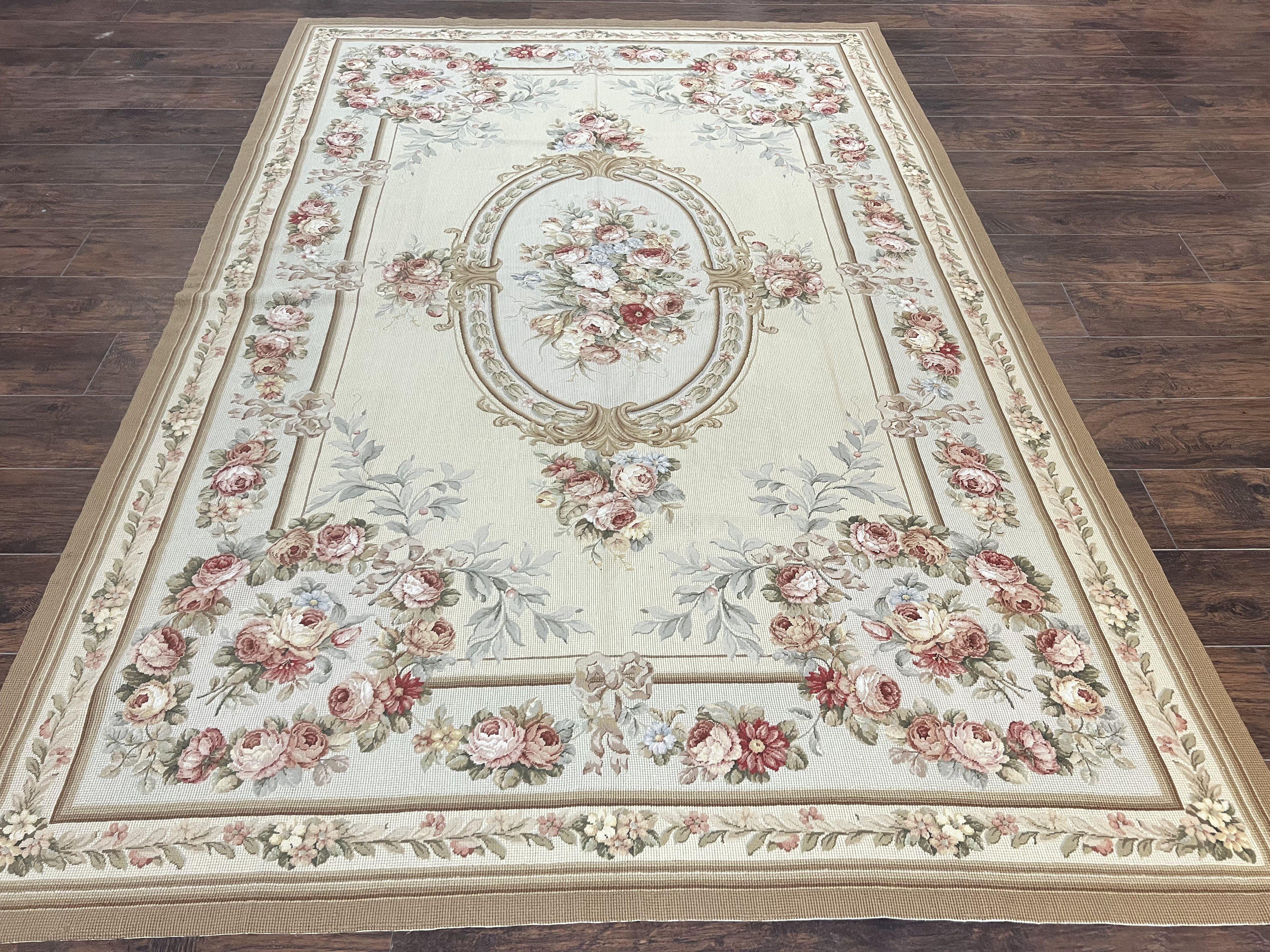 Needlepoint Rug, Aubusson Design, Petit Point Carpet, Floral, Cream, French European Design, Flatweave, Wool, Vintage - Jewel Rugs