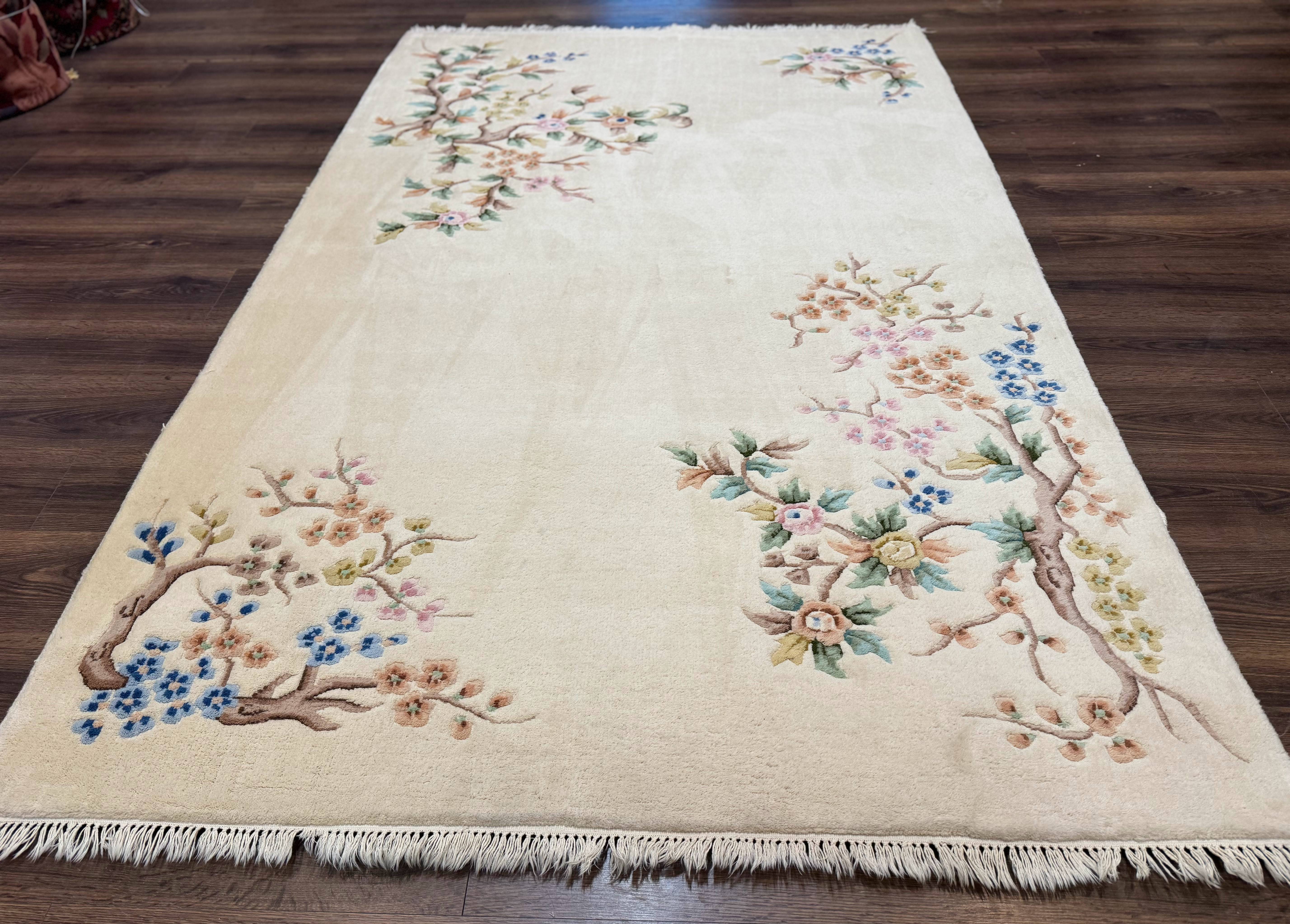 Indo Chinese Wool Rug 5x9, Simple Design, Floral, Ivory, Vintage - Jewel Rugs