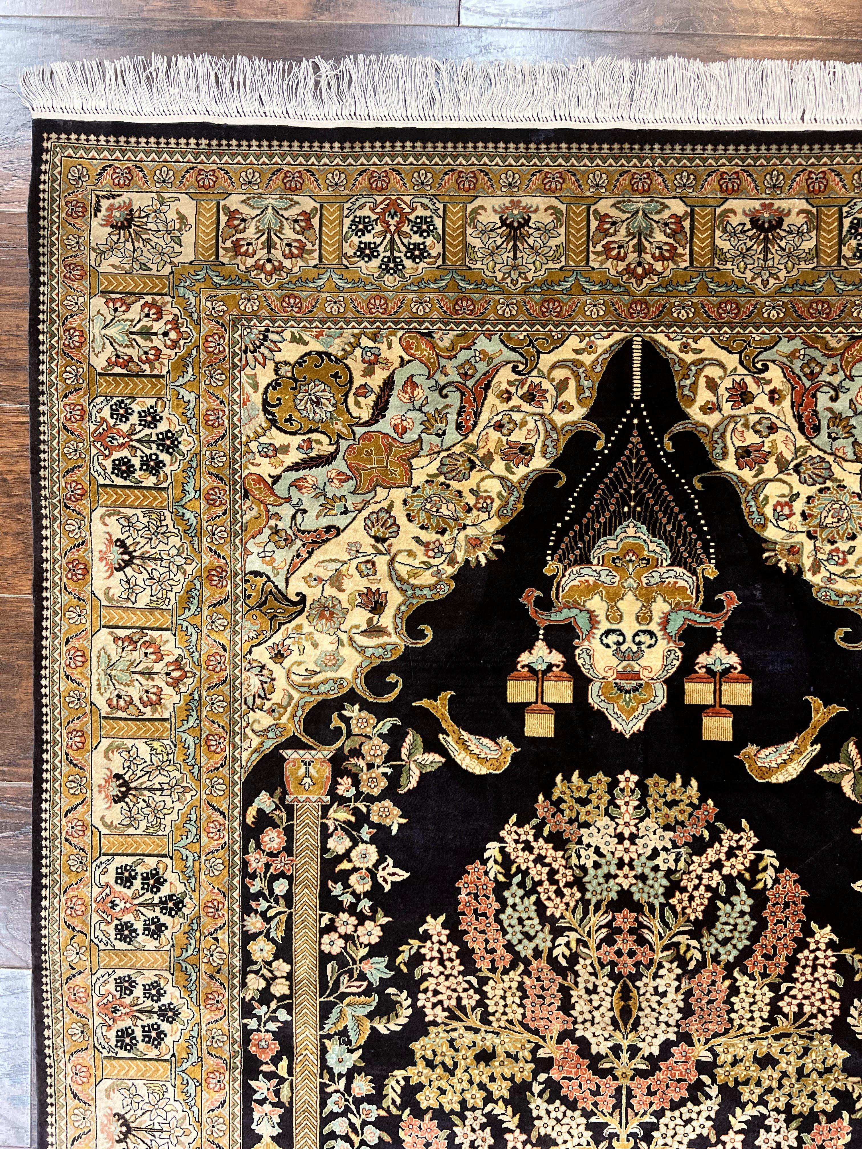 Wonderful Sino Persian Silk Rug 4x6, Tree of LIfe Design, Masterpiece 575 KPSI, Birds, Prayer Rug, Black, Silk on Silk - Jewel Rugs