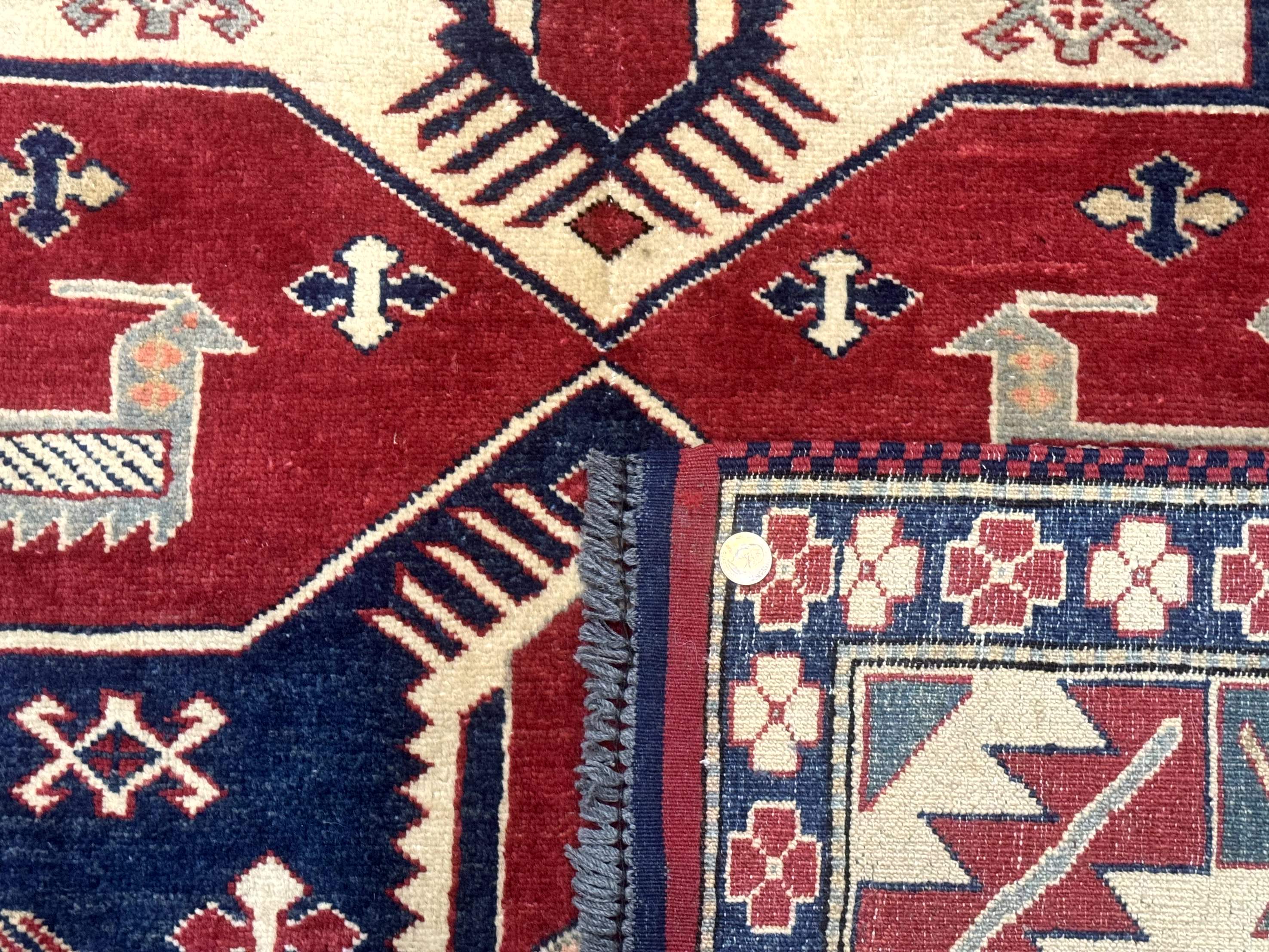 Turkish Kazak Rug 6x8, Caucasian Design, Geometric Medallions, Red Blue Beige - Jewel Rugs