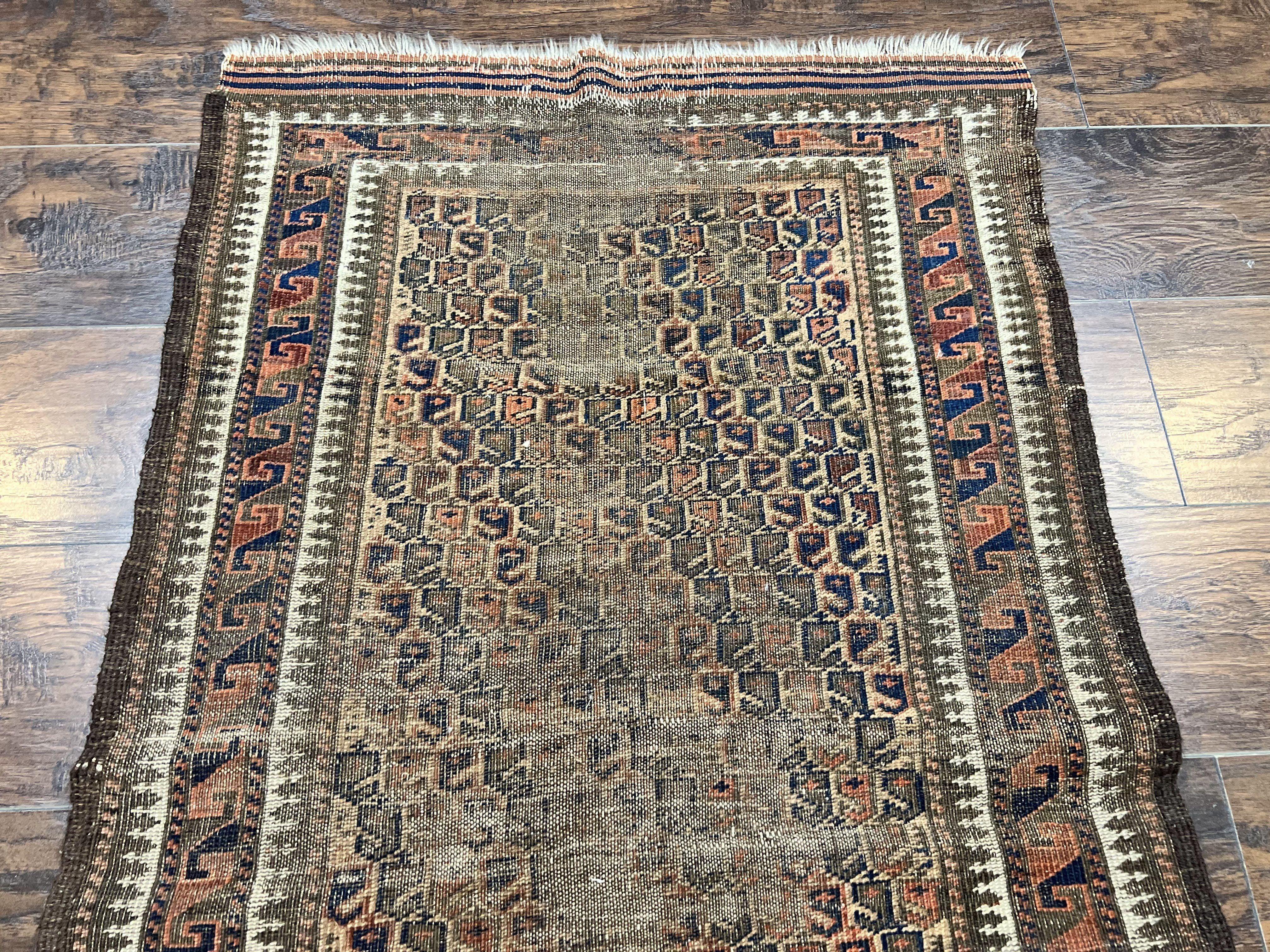 Antique Balouch Rug 3x5, Wool Hand Knotted Carpet, Allover Pattern, Afghan Tribal Rug, Low Pile Distressed Vintage Oriental Carpet - Jewel Rugs