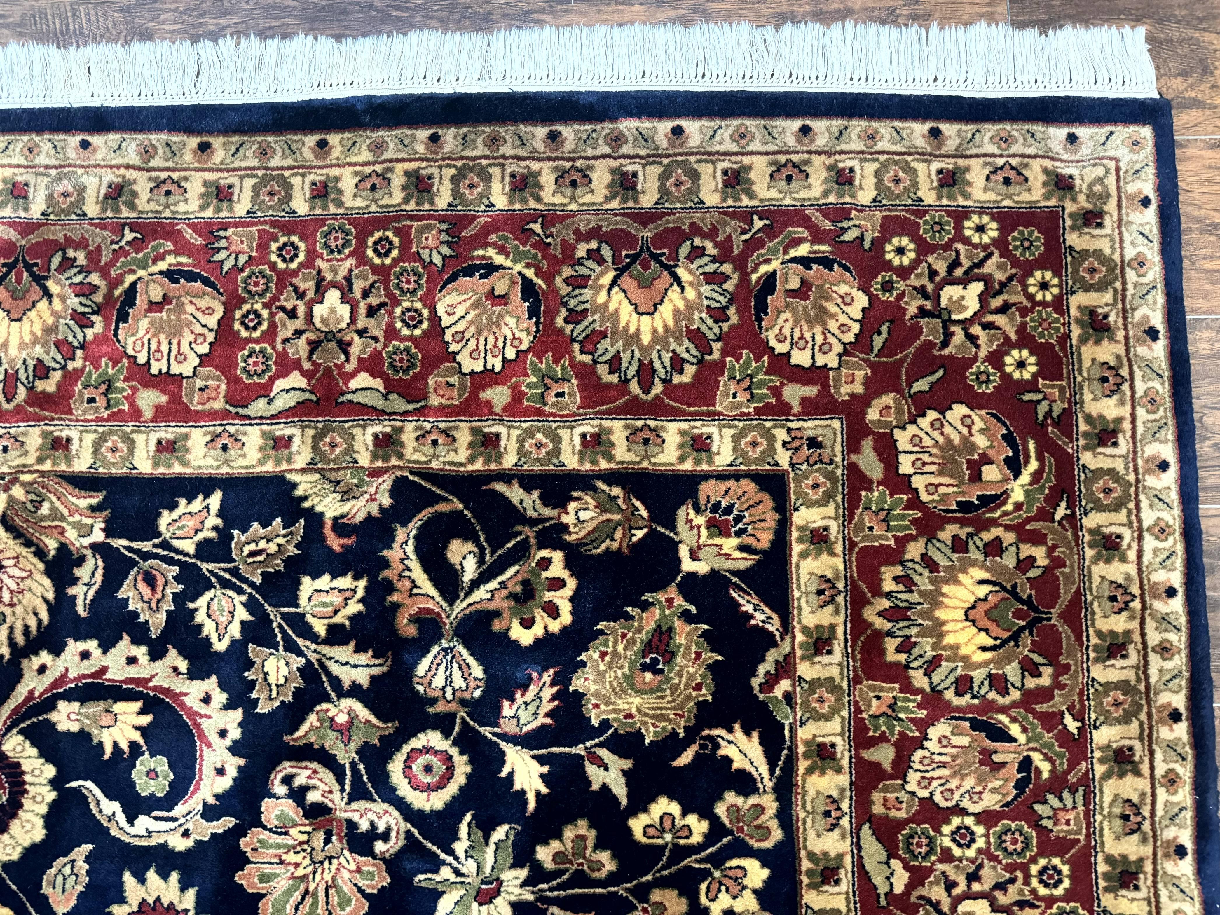 Indo Persian Rug 8x10, Navy Blue and Red, Floral Allover, Hand Knotted Vintage Wool Carpet, Indo Sarouk - Jewel Rugs