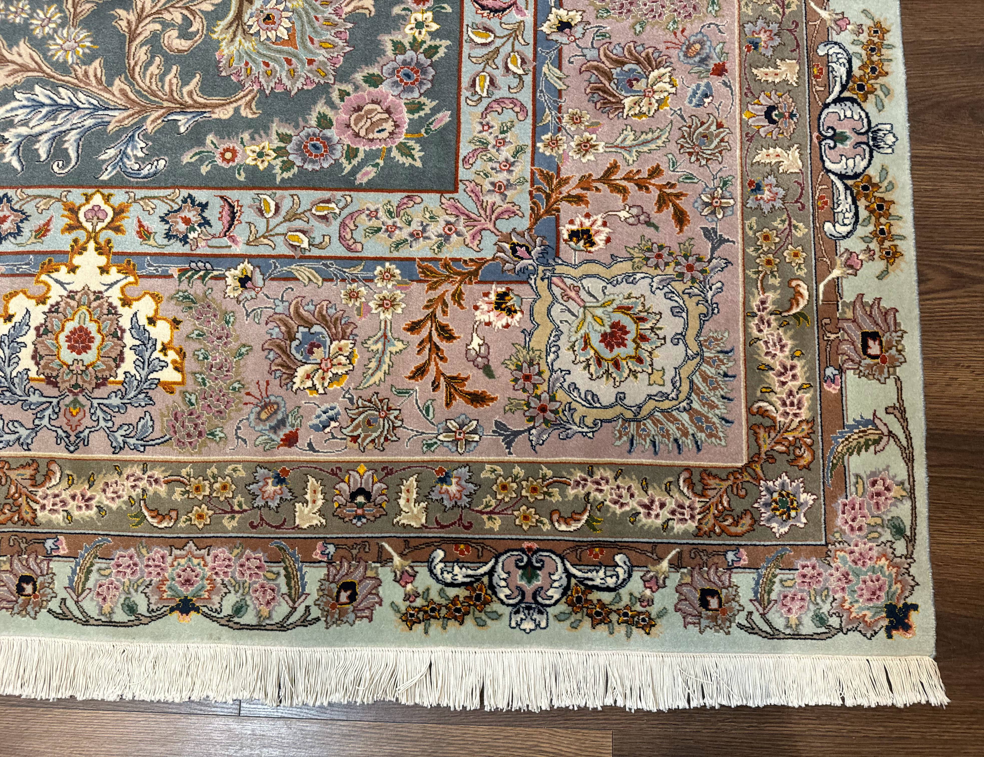 Marvelous Persian Tabriz Rug 10x13, Very Fine 380 KPSI, Mint Green Pink, Floral - Jewel Rugs