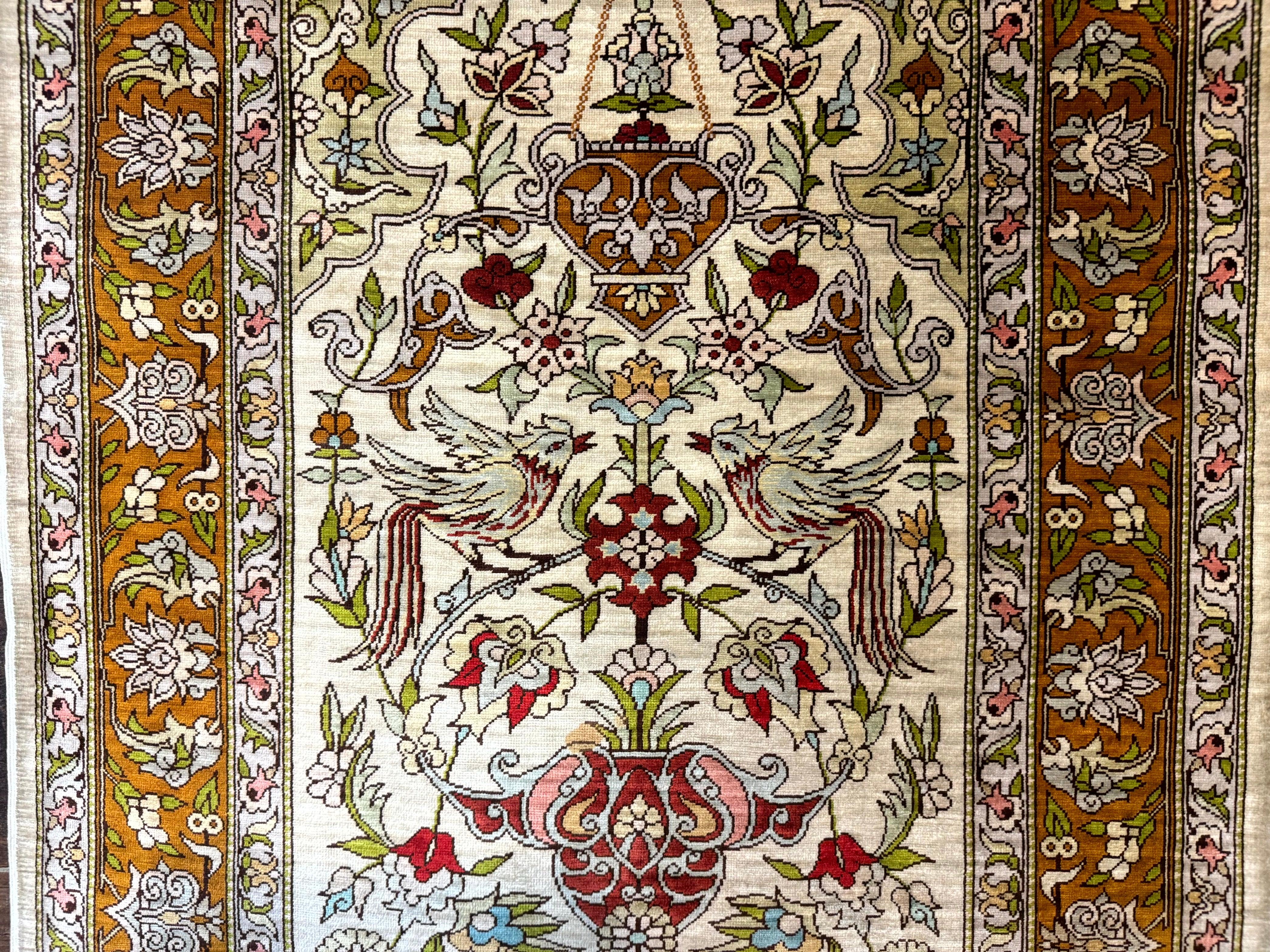 Silk Turkish Hereke Rug 2x3, Birds Lantern Very Fine 400 KPSI, Signed by Masterweaver, Wonderful, Rare, Small Hereke Rug - Jewel Rugs