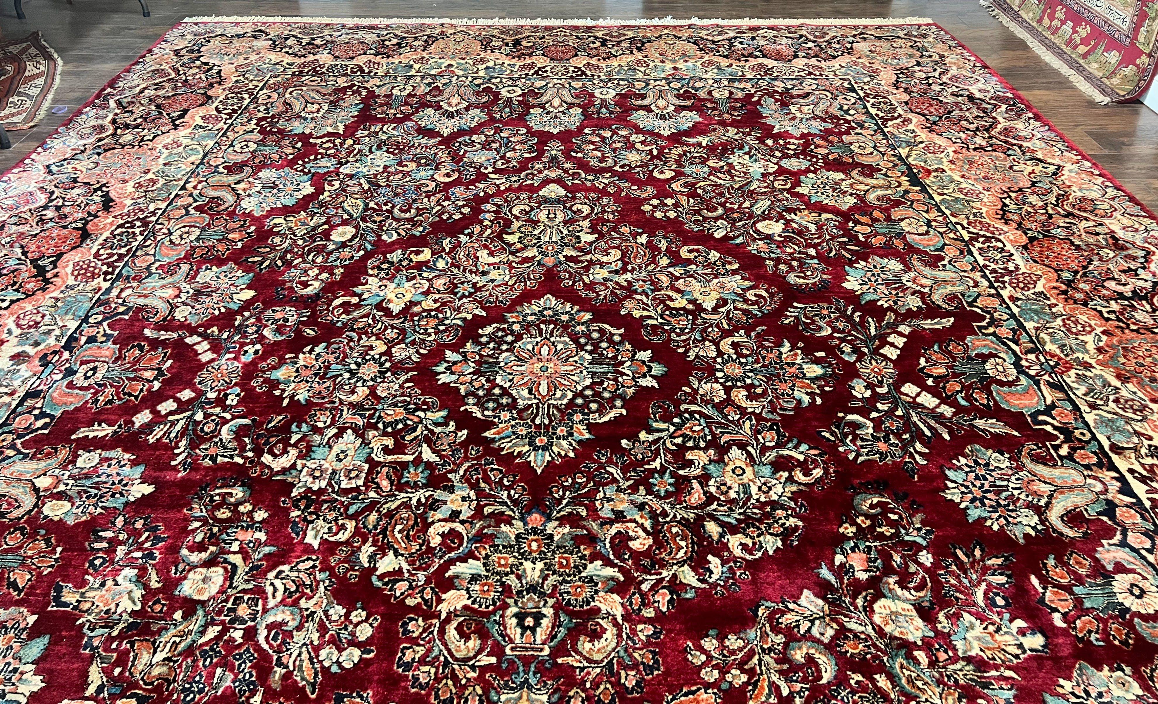Persian Sarouk Rug 12x17, Wool Hand Knotted Antique Carpet, Dark Red, Traditional Floral Oriental Rug, 12 x 17 Extra Large Handmade Rug - Jewel Rugs