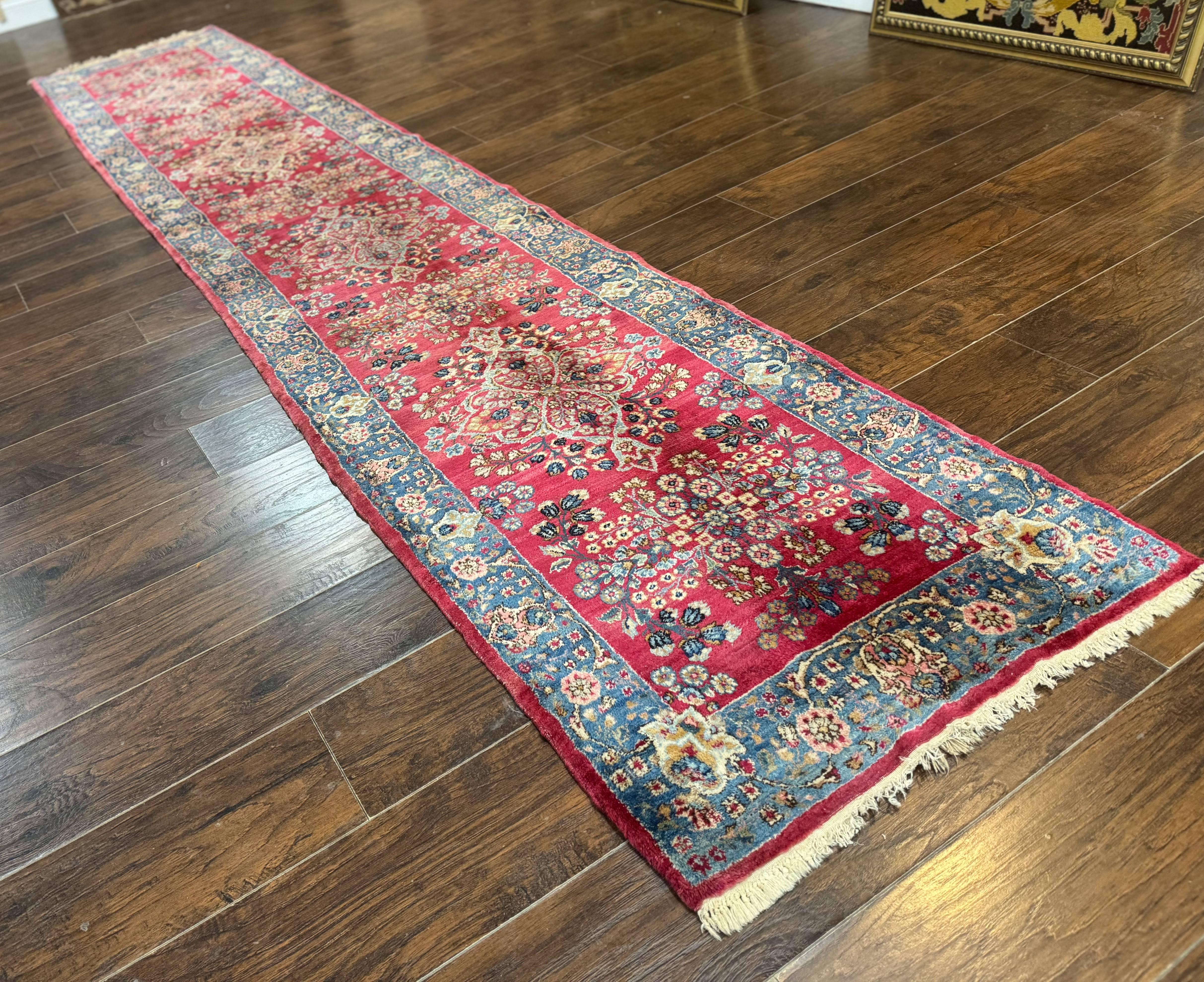 Persian Kerman Runner Rug 2.8 x 14, Red Handmade Wool Oriental Runner Carpet, Floral, 250 KPSI - Jewel Rugs