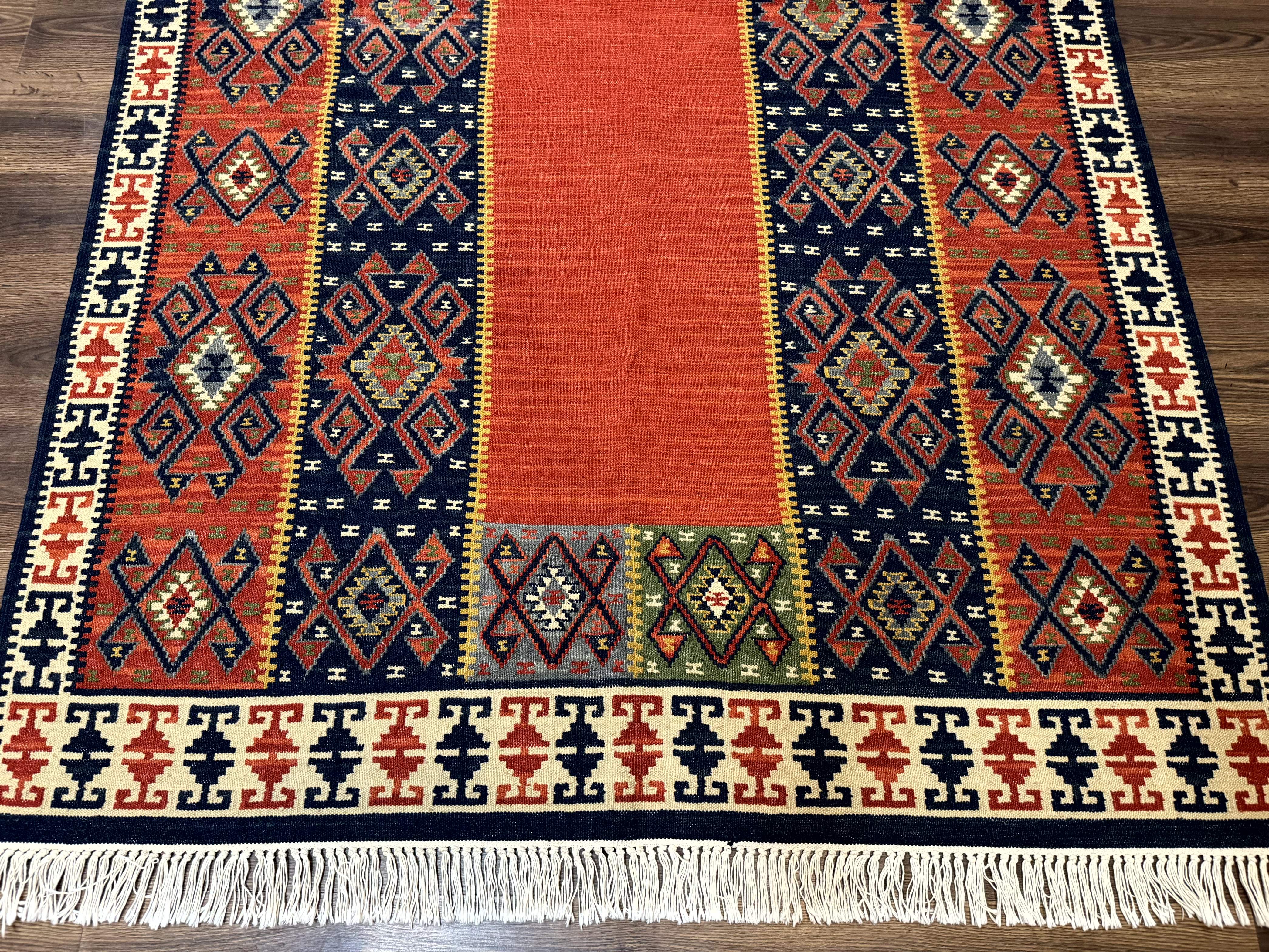 Turkish Kilim Rug 5x8, Flatweave Carpet, Handmade Bohemian Rug, Terracotta and Navy Blue - Jewel Rugs