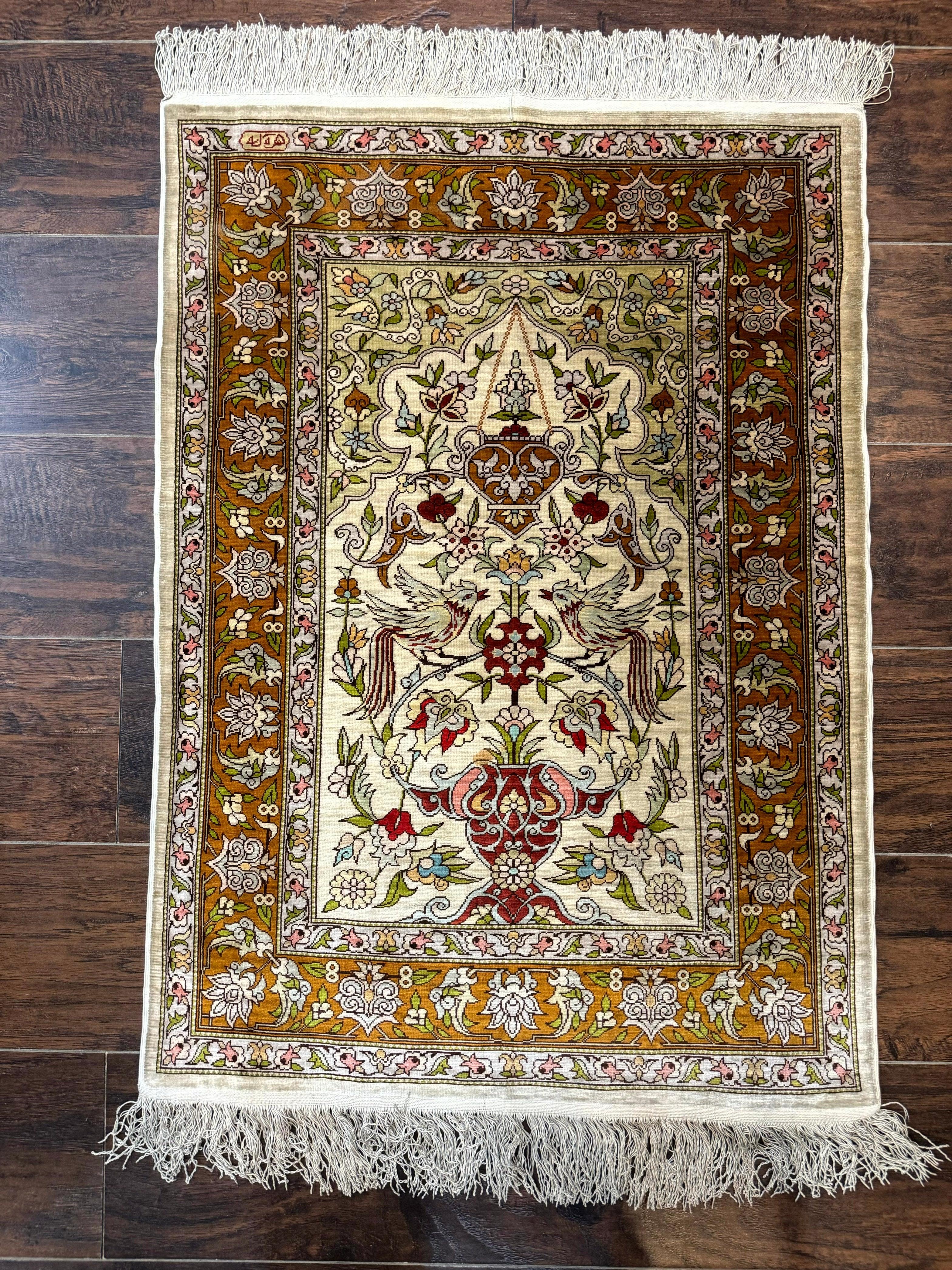 Silk Turkish Hereke Rug 2x3, Birds Lantern Very Fine 400 KPSI, Signed by Masterweaver, Wonderful, Rare, Small Hereke Rug - Jewel Rugs