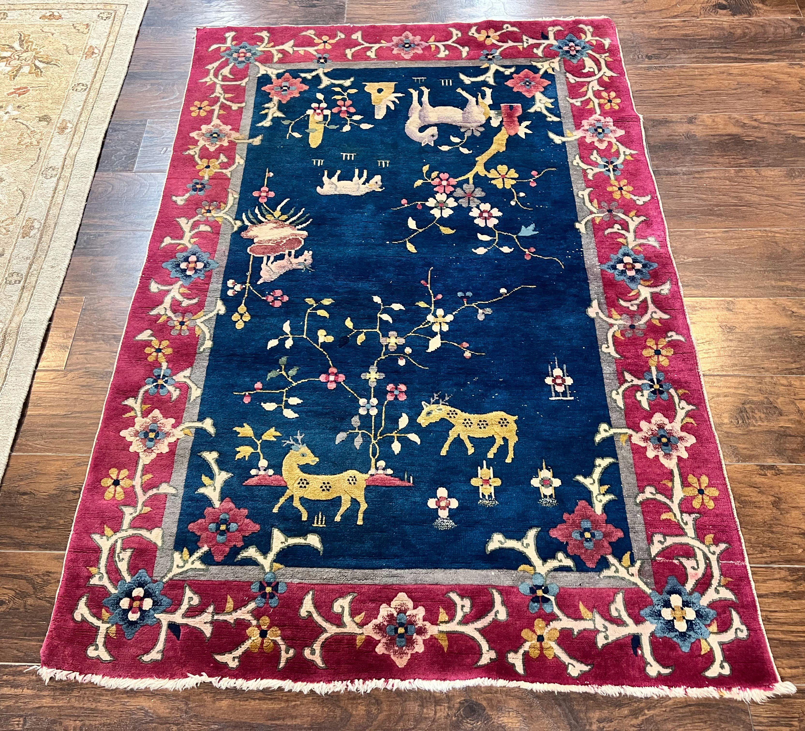 Antique Chinese Art Deco Rug, Animal Pictorials, Navy Blue and Magenta, Chinese Nichols Carpet, Wool - Jewel Rugs