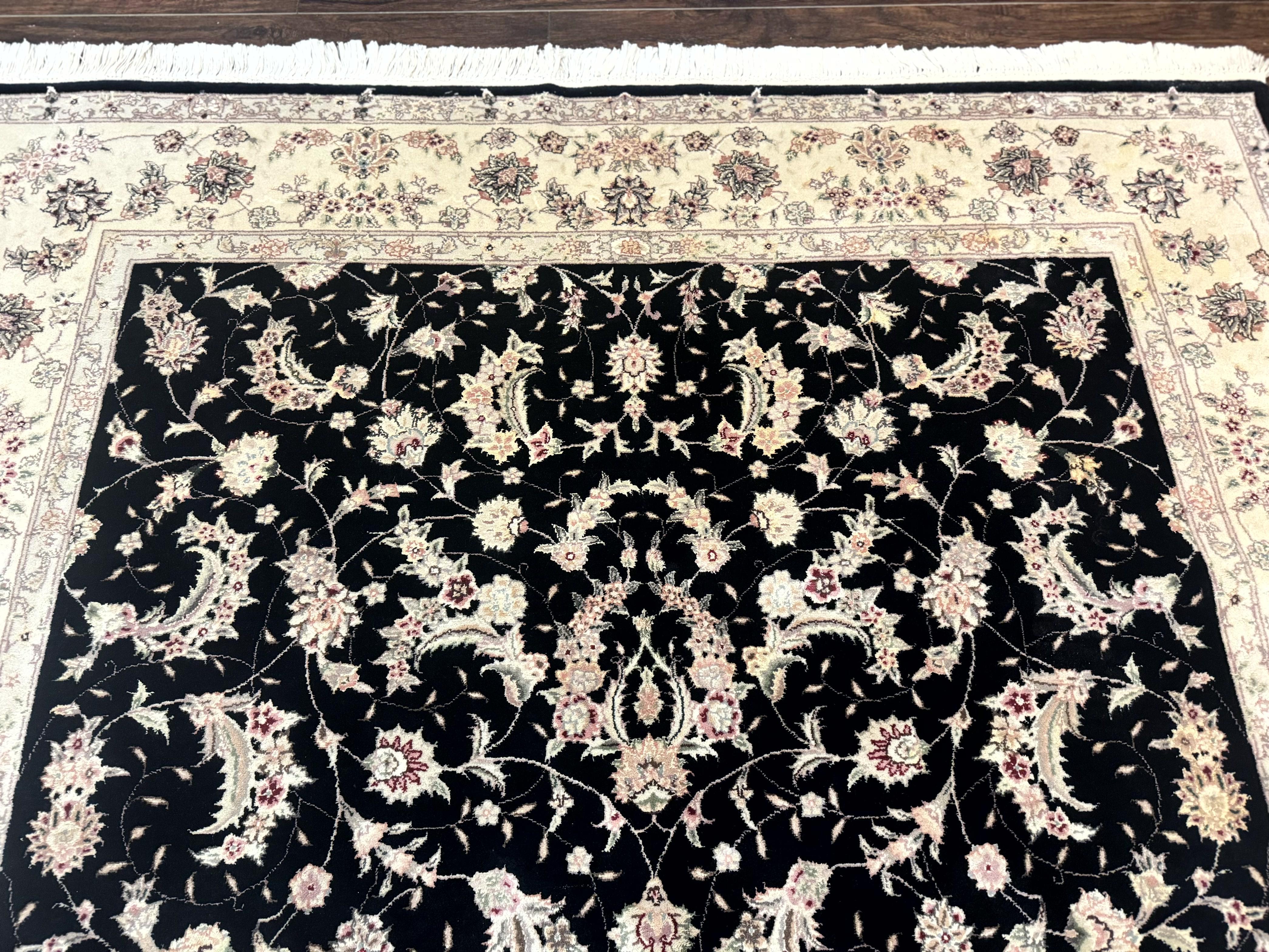 Sino Persian Rug 6x9, Black and Ivory, Wool and Silk Highlights, Handmade - Jewel Rugs