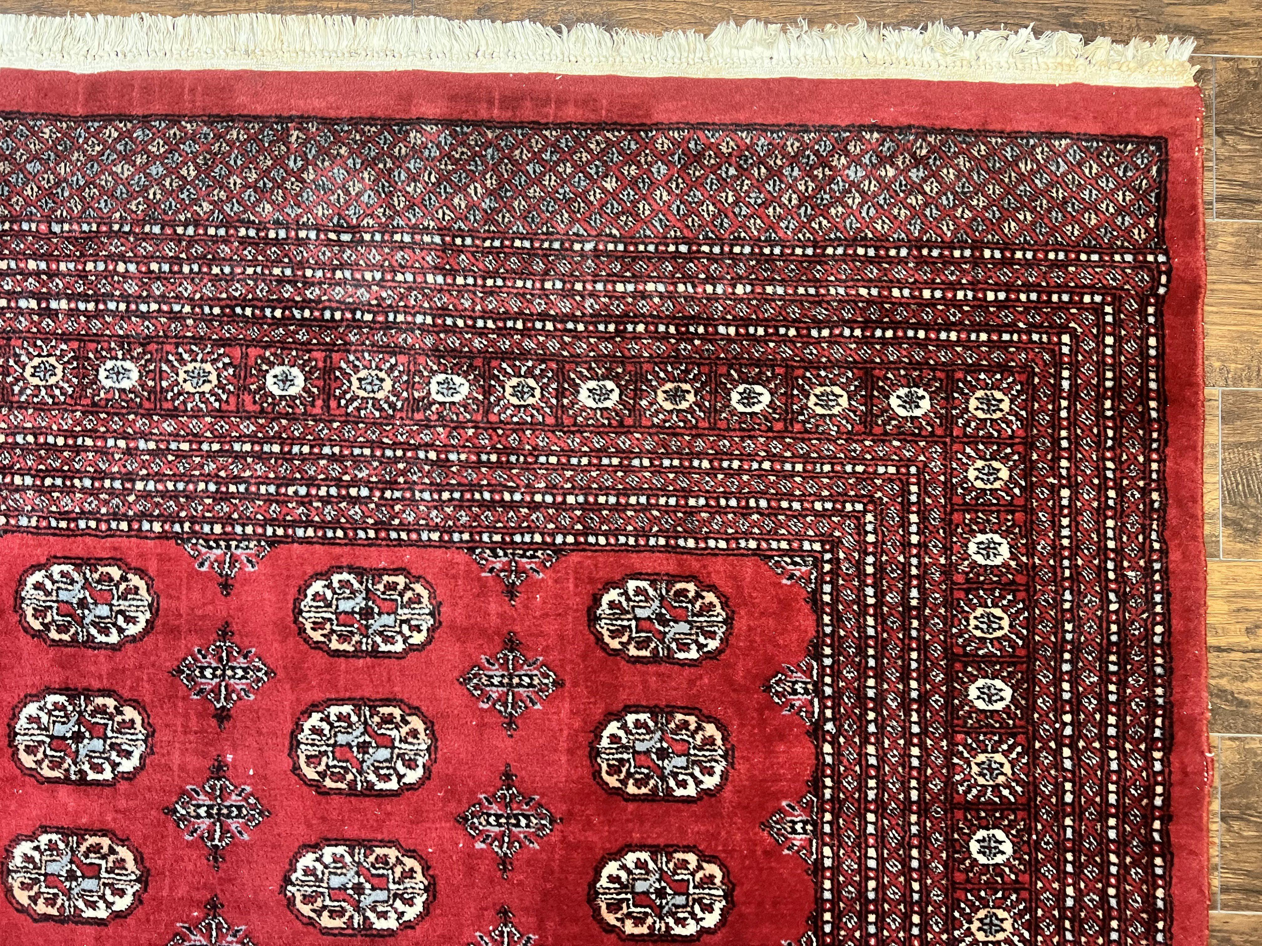 Turkoman Rug 8 x 11.6, Red Bokhara Pakistani Carpet, Wool Handmade Vintage Rug - Jewel Rugs