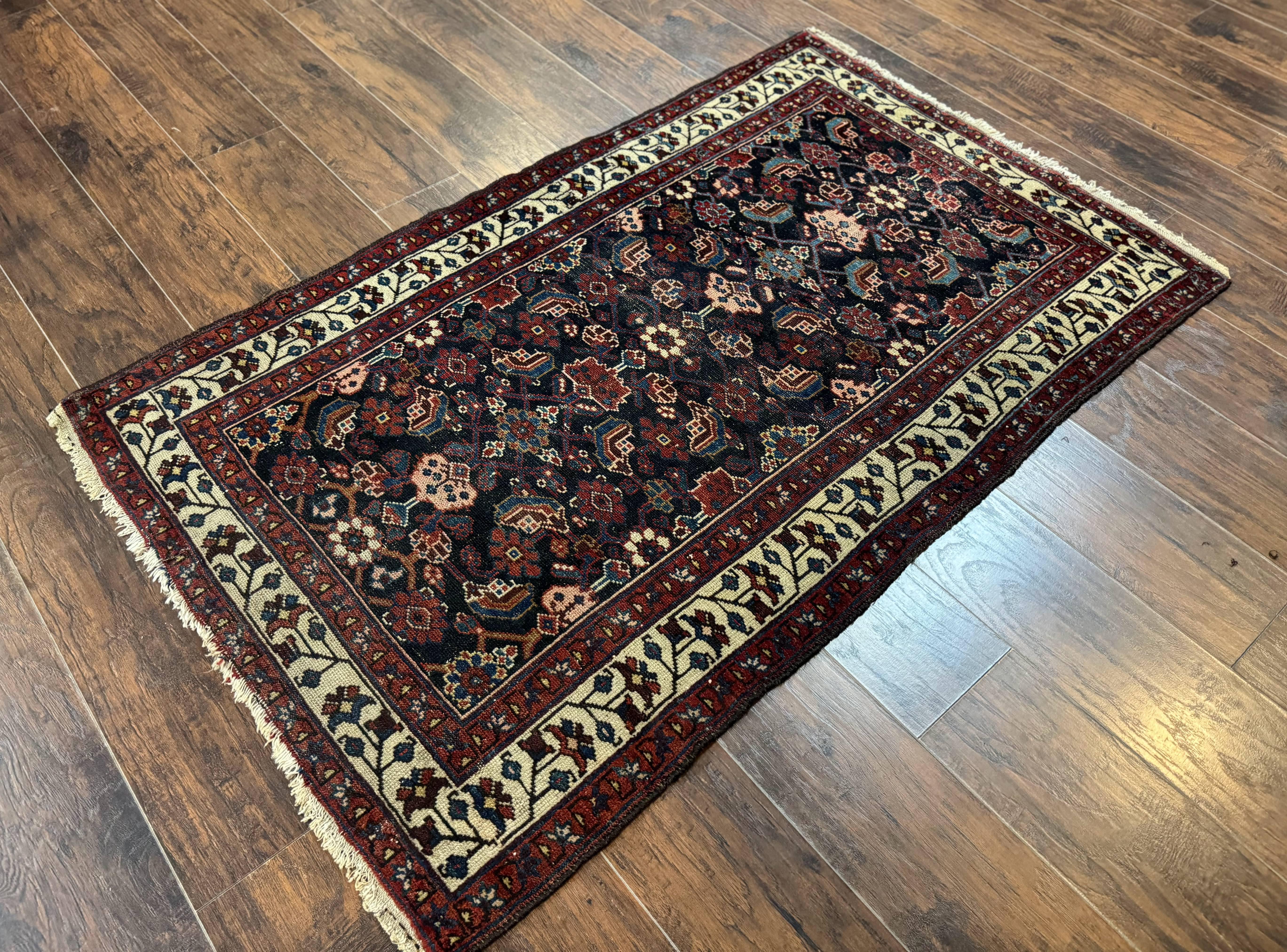 Navy Blue Antique Persian Rug 3x6, Blue and Ivory Persian Carpet, Handmade 1920s Hamadan Rug - Jewel Rugs