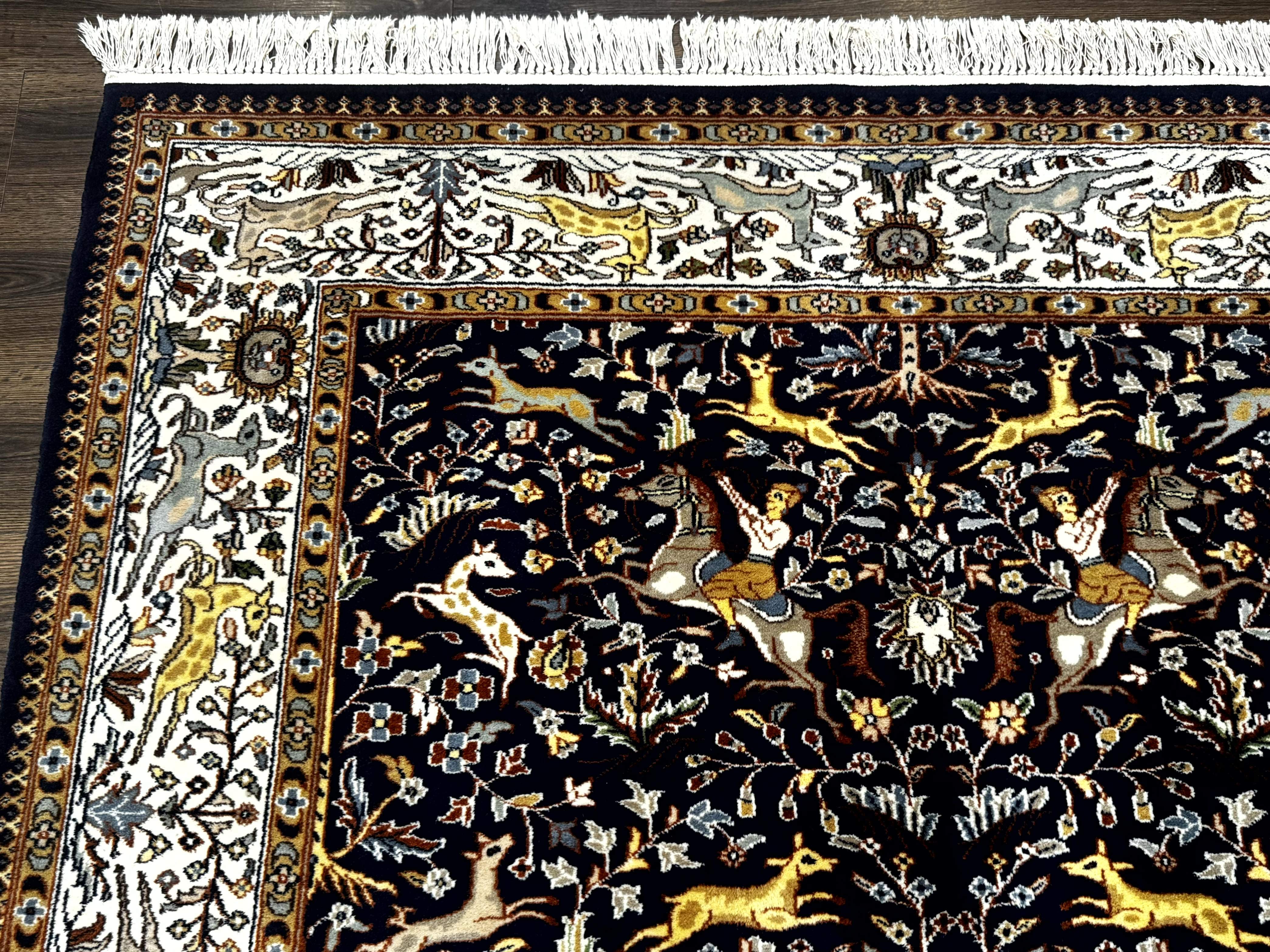 Indian Kashmiri Rug 6x9, Navy Blue and Ivory, Tree of Life, Hunting Design, Animal Pictorials, Horse Deer - Jewel Rugs