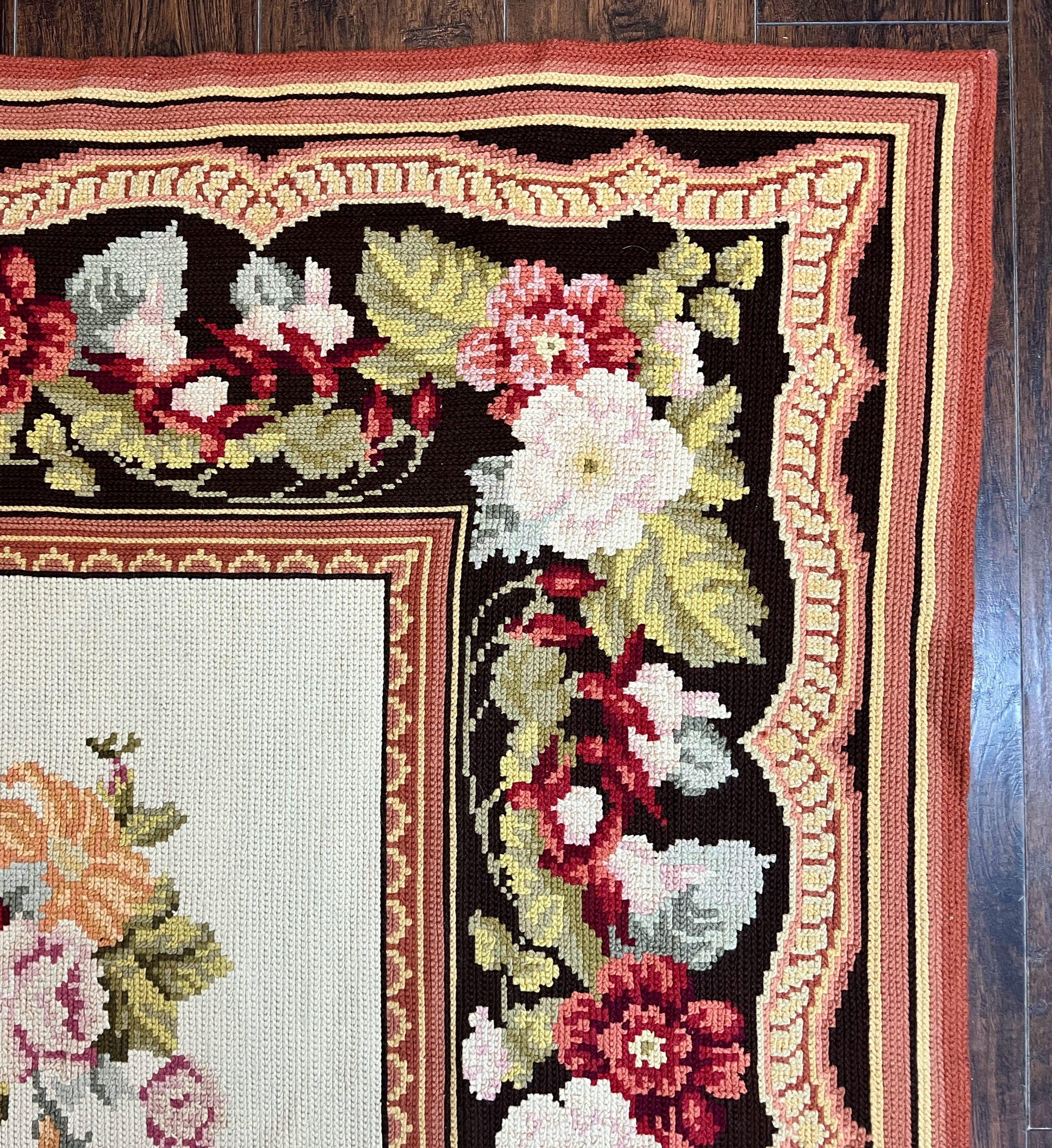 Portuguese Needlepoint Rug 8x9, Vintage Rug 8 x 9 ft, Ivory Dark Brown Hand-Woven Wool Portuguese Carpet, European Rug - Jewel Rugs