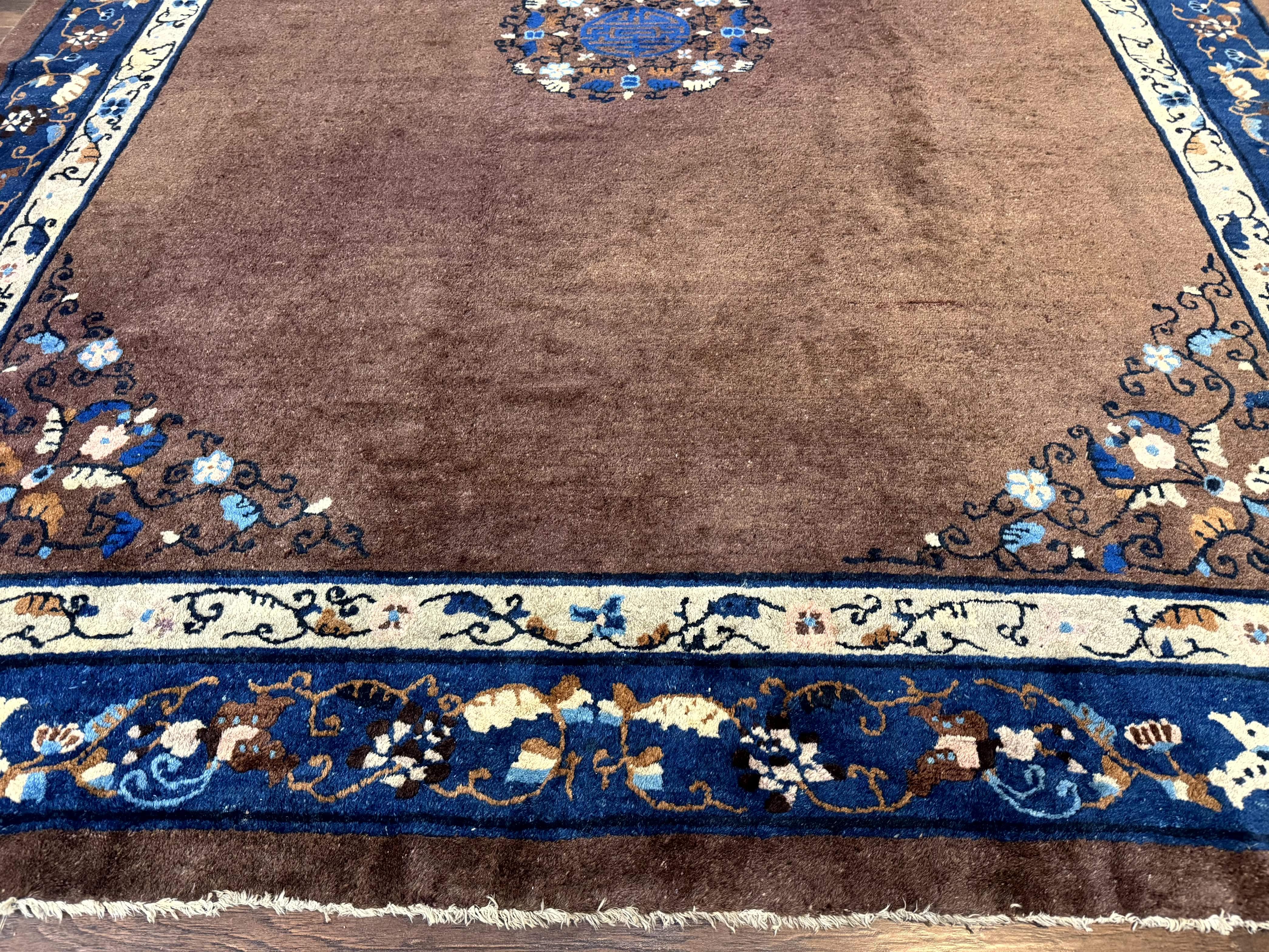 Antique Chinese Wool Rug 9x11, Large Chinese Art Deco Rug, Peking Rug, Brown and Blue, Open Field, Fete Rug - Jewel Rugs