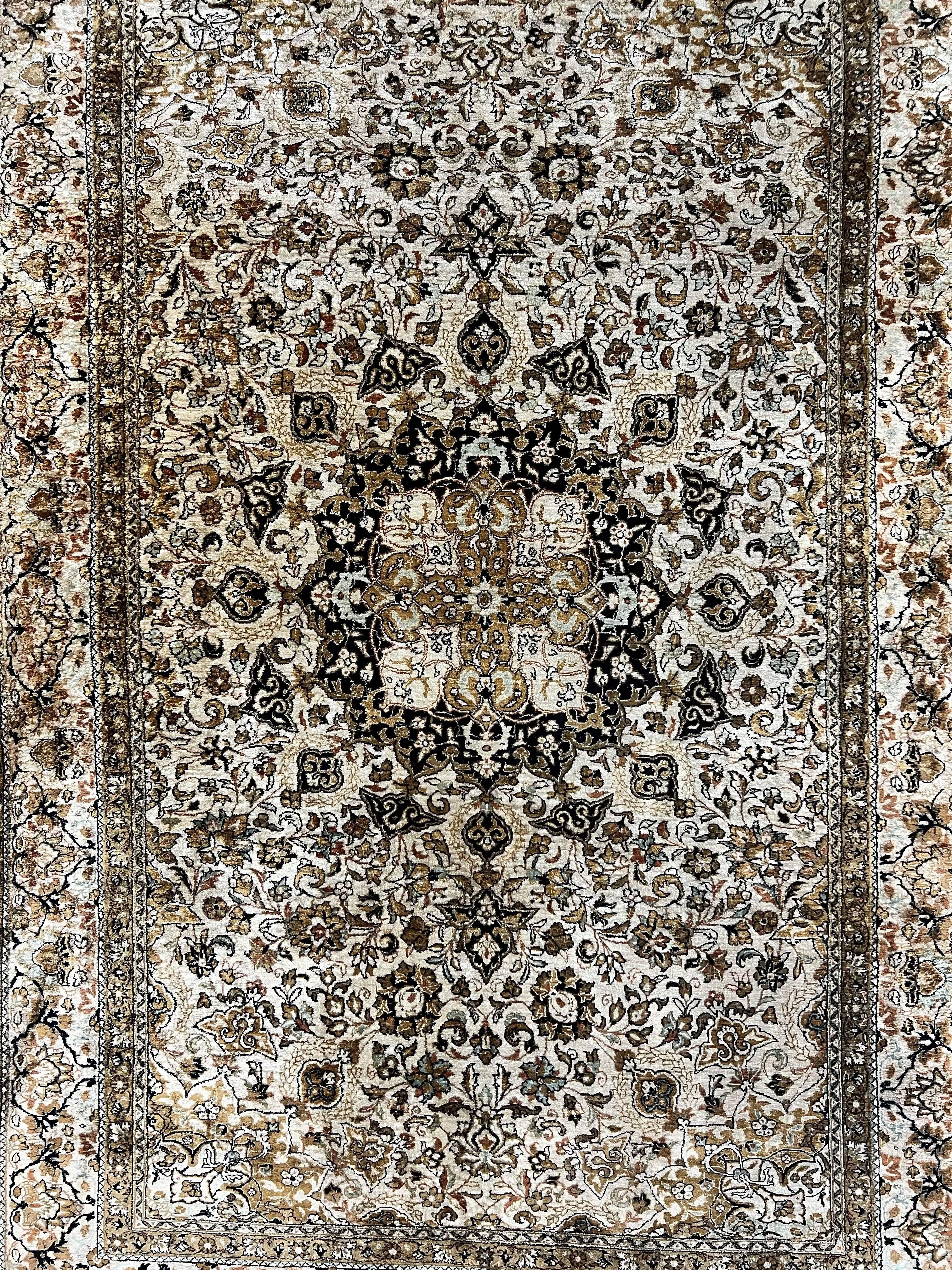 Persian Qum Silk Rug, Floral Medallion, Very Fine 60 Raj 475 KPSI, Handmade Hand Knotted Oriental Carpet, Silk on Silk - Jewel Rugs