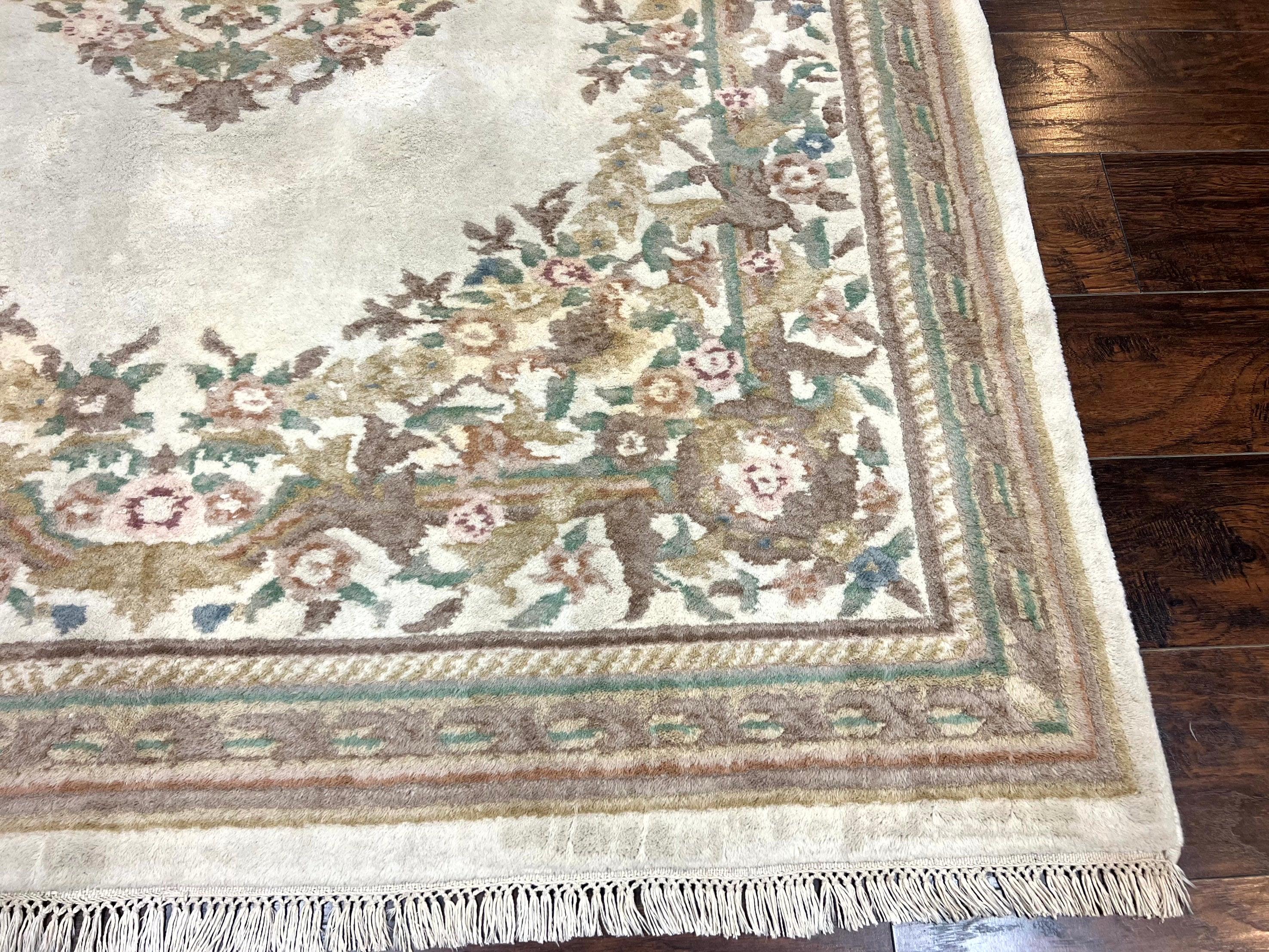 Indo Chinese Aubusson Rug 6x9, Wool Vintage Handmade Rug, Beige - Jewel Rugs