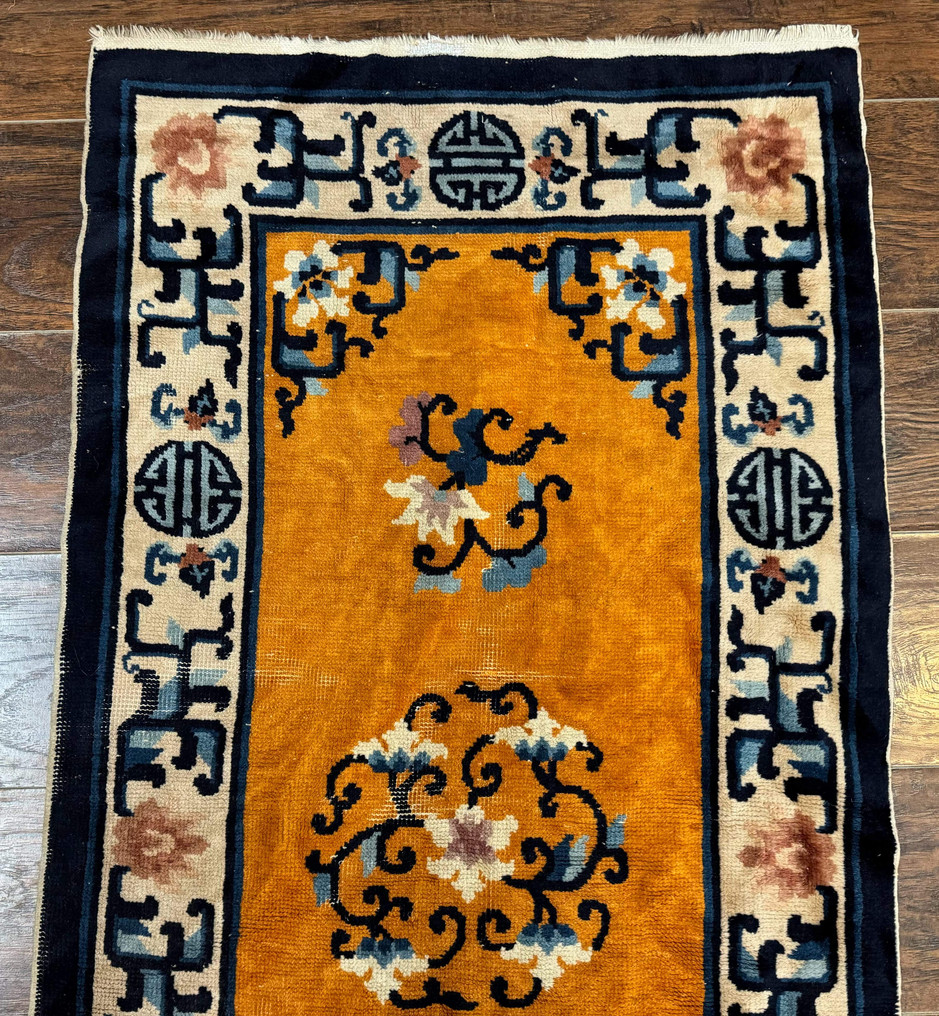 Chinese Peking Runner Rug 2x15 – Orange Ivory & Blue, Hand-Knotted Wool Antique Runner - Jewel Rugs