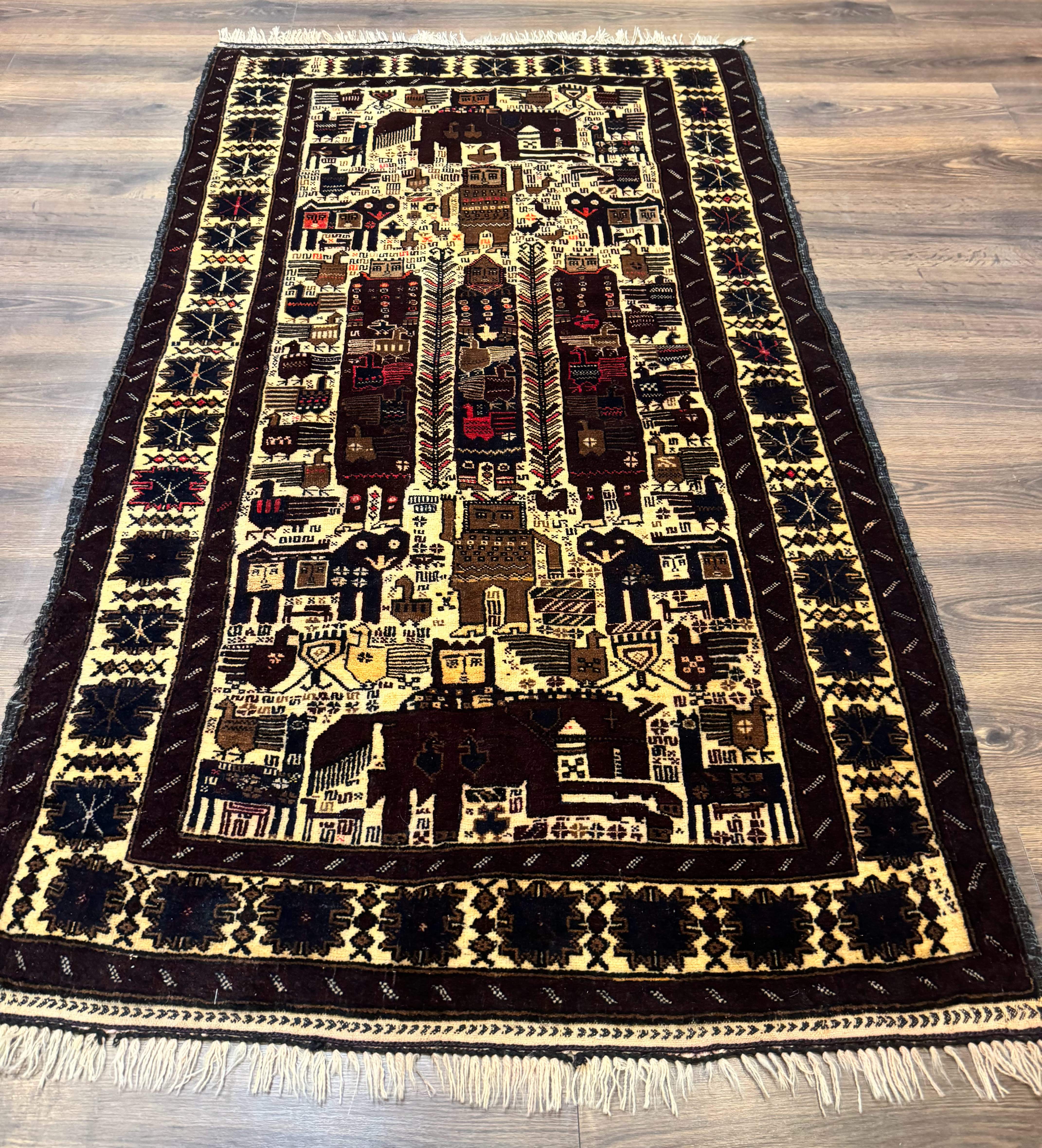 Persian Baluch Tribal Rug 4x6, Human and Bird Pictorials, Vintage, Wool, Collectible - Jewel Rugs