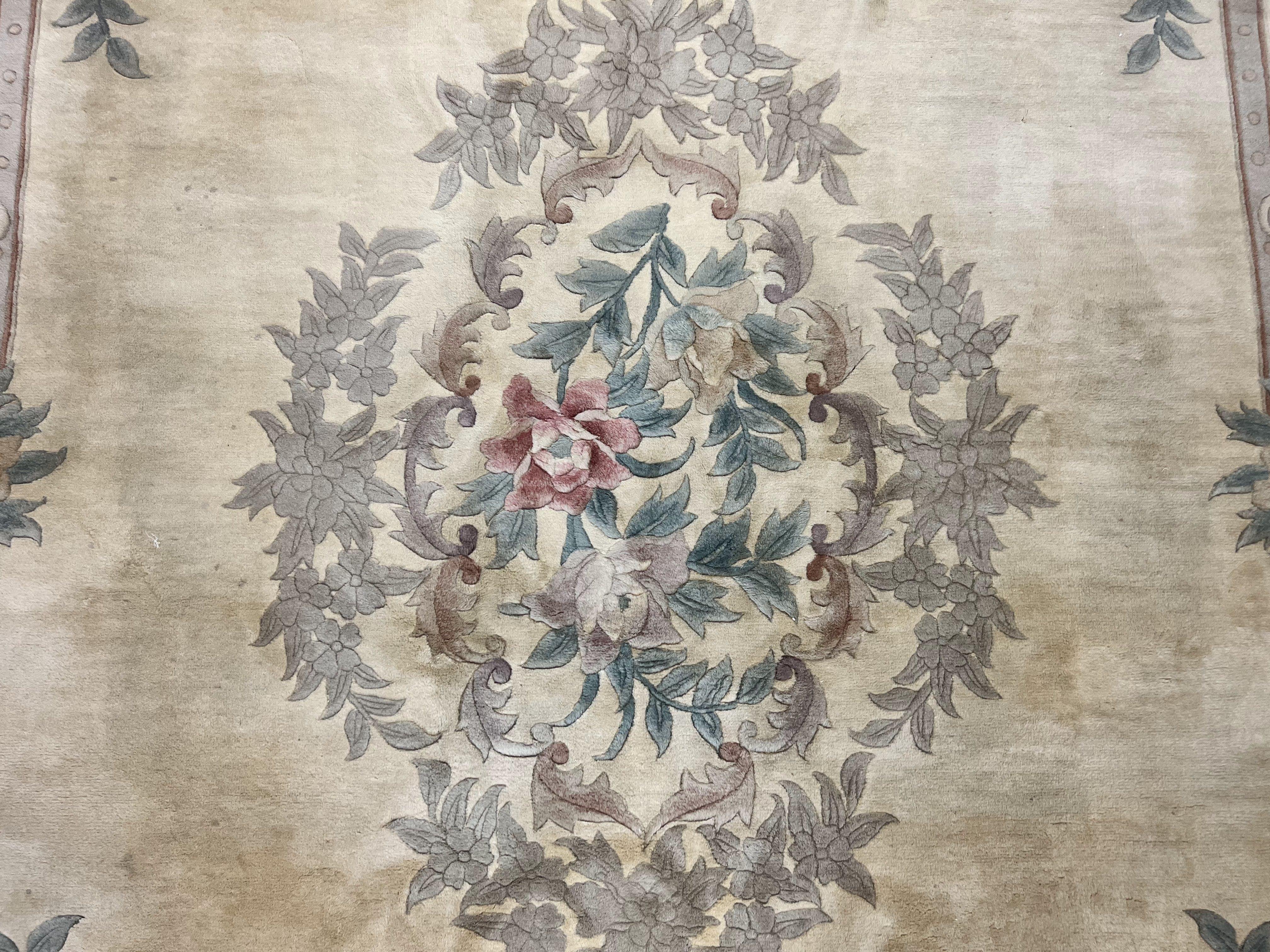 Chinese 90 Line Rug 9x12 ft, Vintage 1960s Chinese Wool Pile Aubusson Area Rug 9 x 12 ft, Tientsin Asian Oriental Rug, Floral - Jewel Rugs