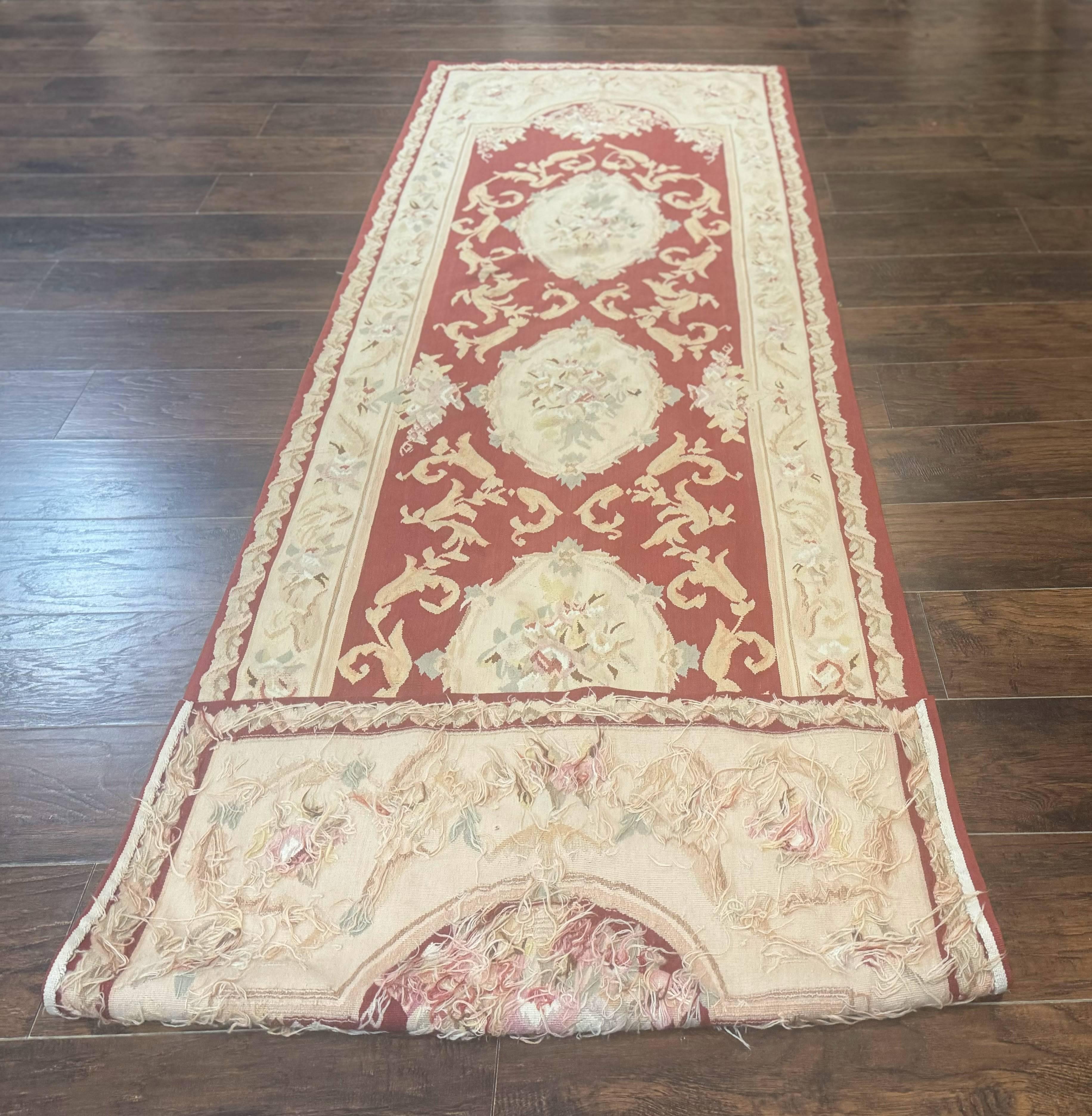 Aubusson Runner Rug 3x10, European Design, Red and Beige, Elegant, Handmade Wool Rug - Jewel Rugs