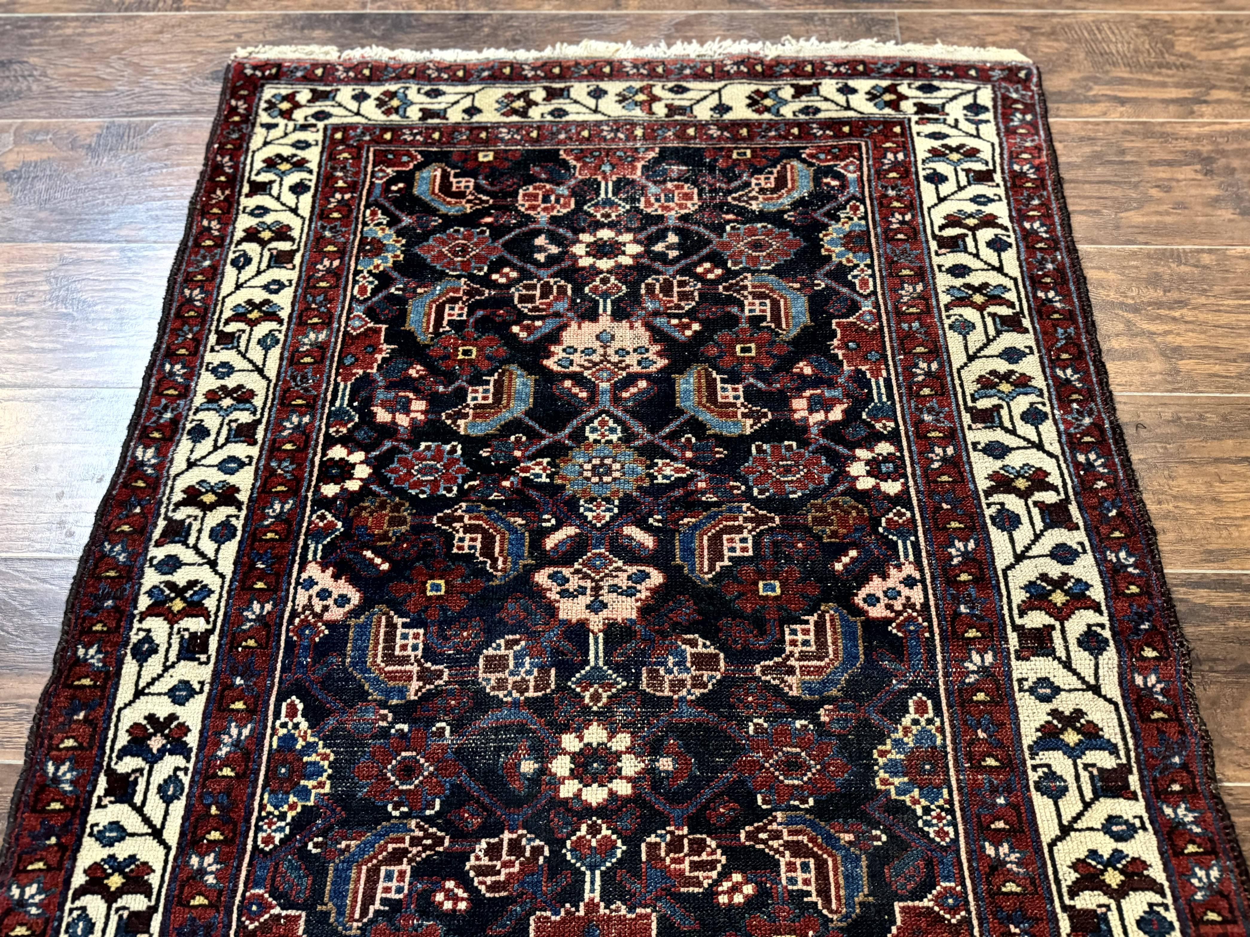 Navy Blue Antique Persian Rug 3x6, Blue and Ivory Persian Carpet, Handmade 1920s Hamadan Rug - Jewel Rugs