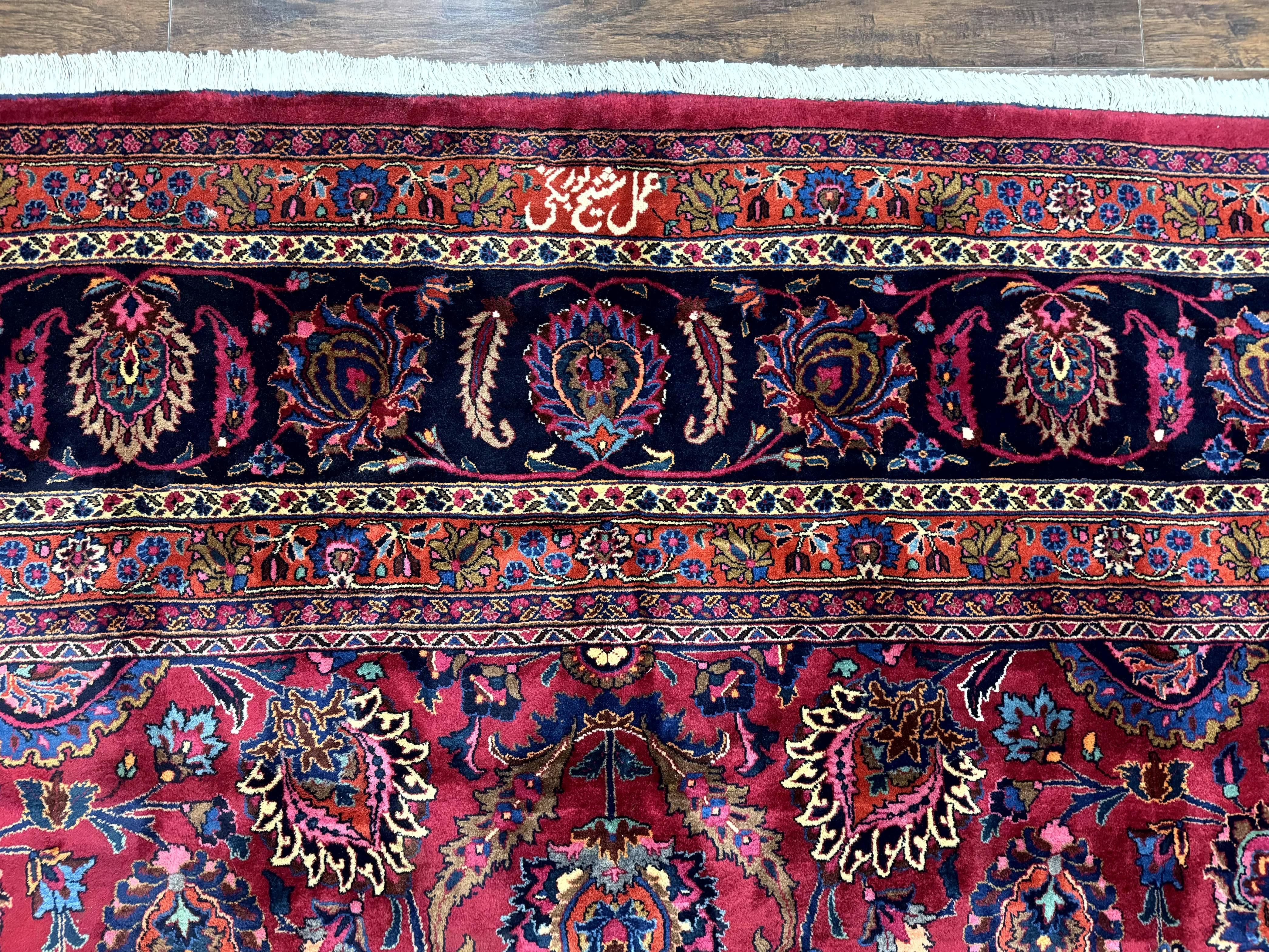 Palace Size Persian Mashad Rug 12x16, Raspberry and Navy Blue, Signature from Master Weaver, Antique Handmade Large Wool Carpet - Jewel Rugs