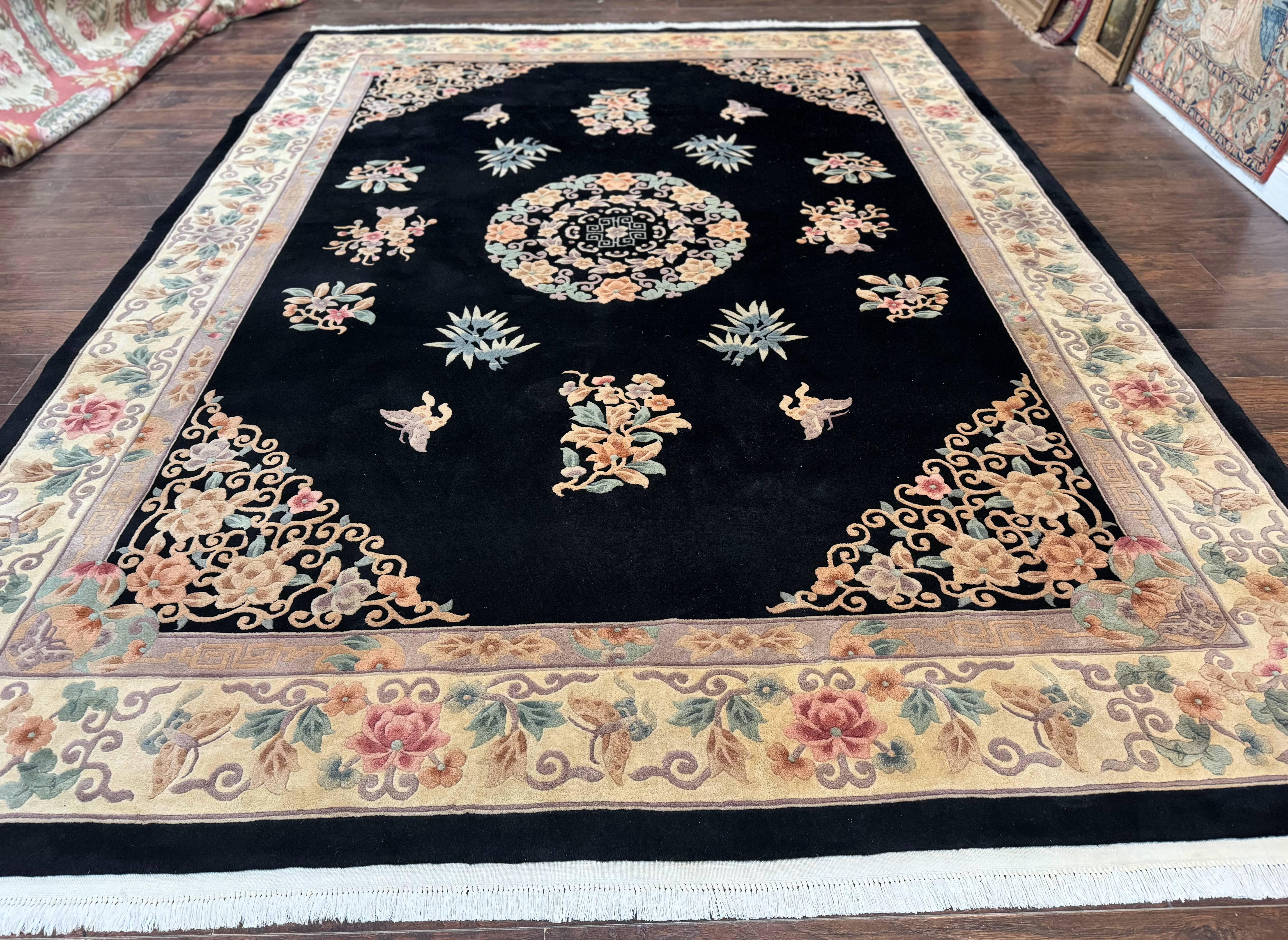 Chinese Wool Rug 9x12, Chinese Carving Carpet, Floral Medallion, Black and Beige, Butterflies, Vintage Asian Oriental Rug, 90 Line Rug - Jewel Rugs