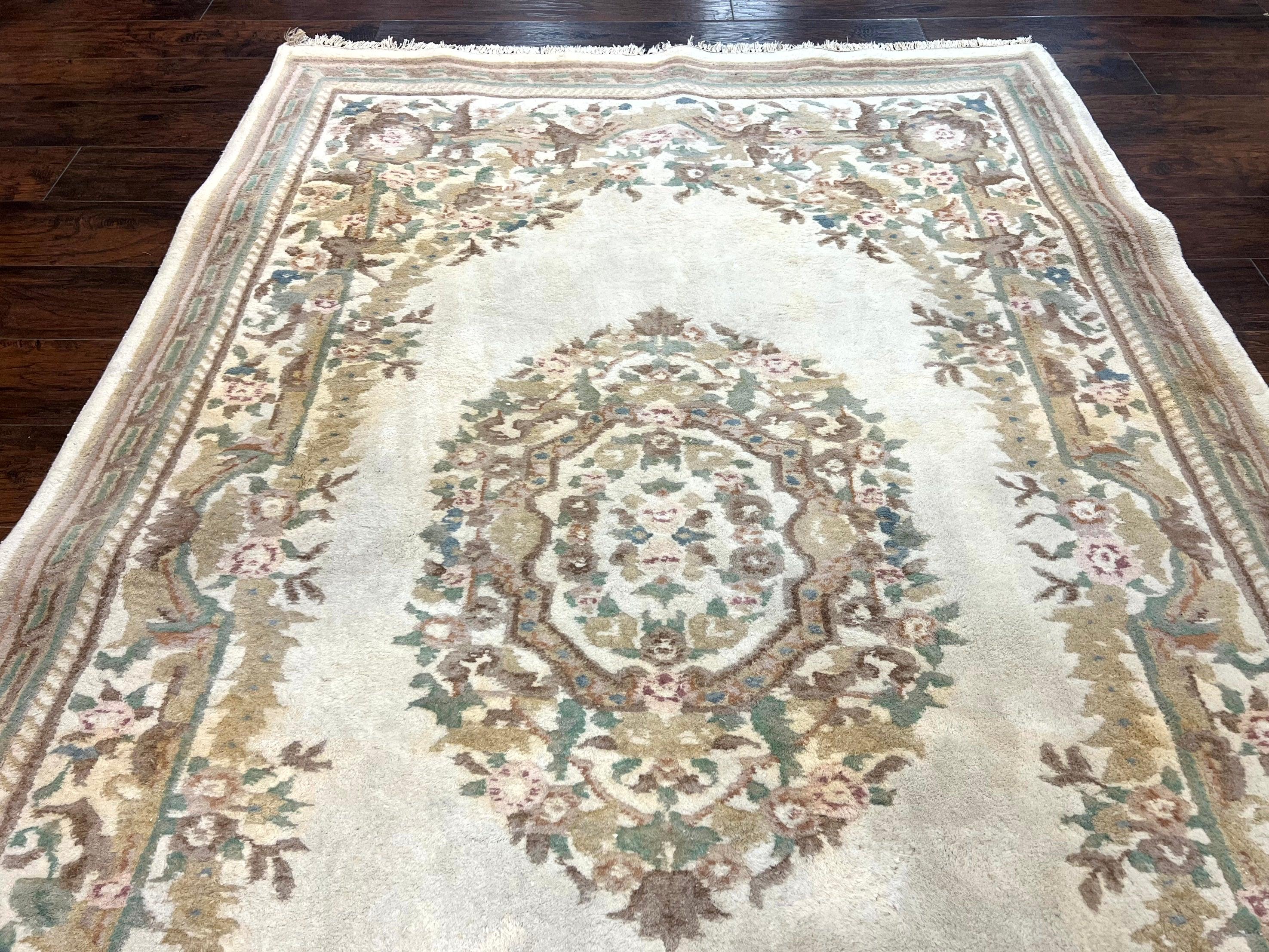 Indo Chinese Aubusson Rug 6x9, Wool Vintage Handmade Rug, Beige - Jewel Rugs