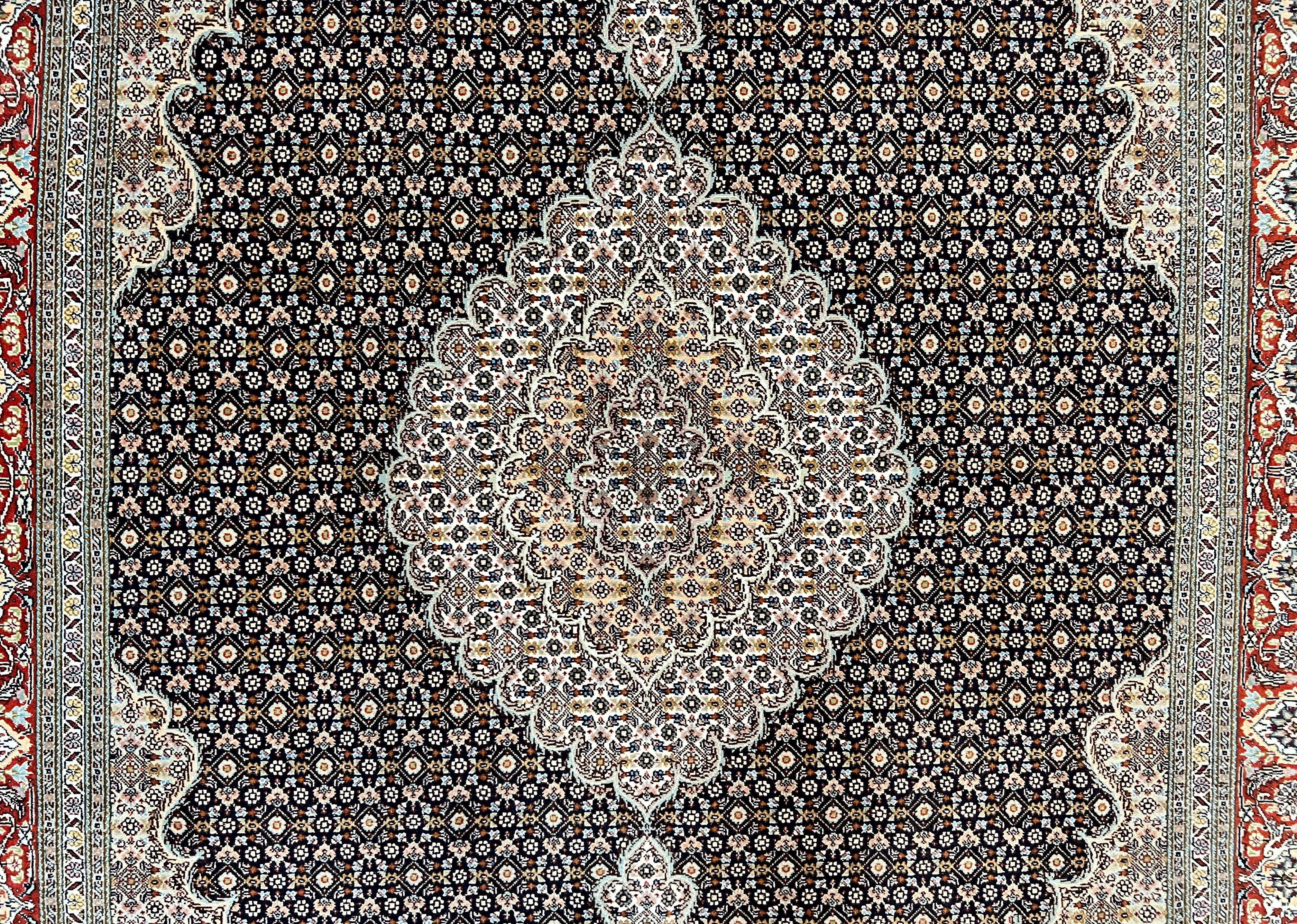 Persian Tabriz Rug 5x7, Wool with Silk Highlights, Hand Knotted Vintage Oriental Carpet, Very Fine, Herati Mahi Pattern, Black, Rare - Jewel Rugs