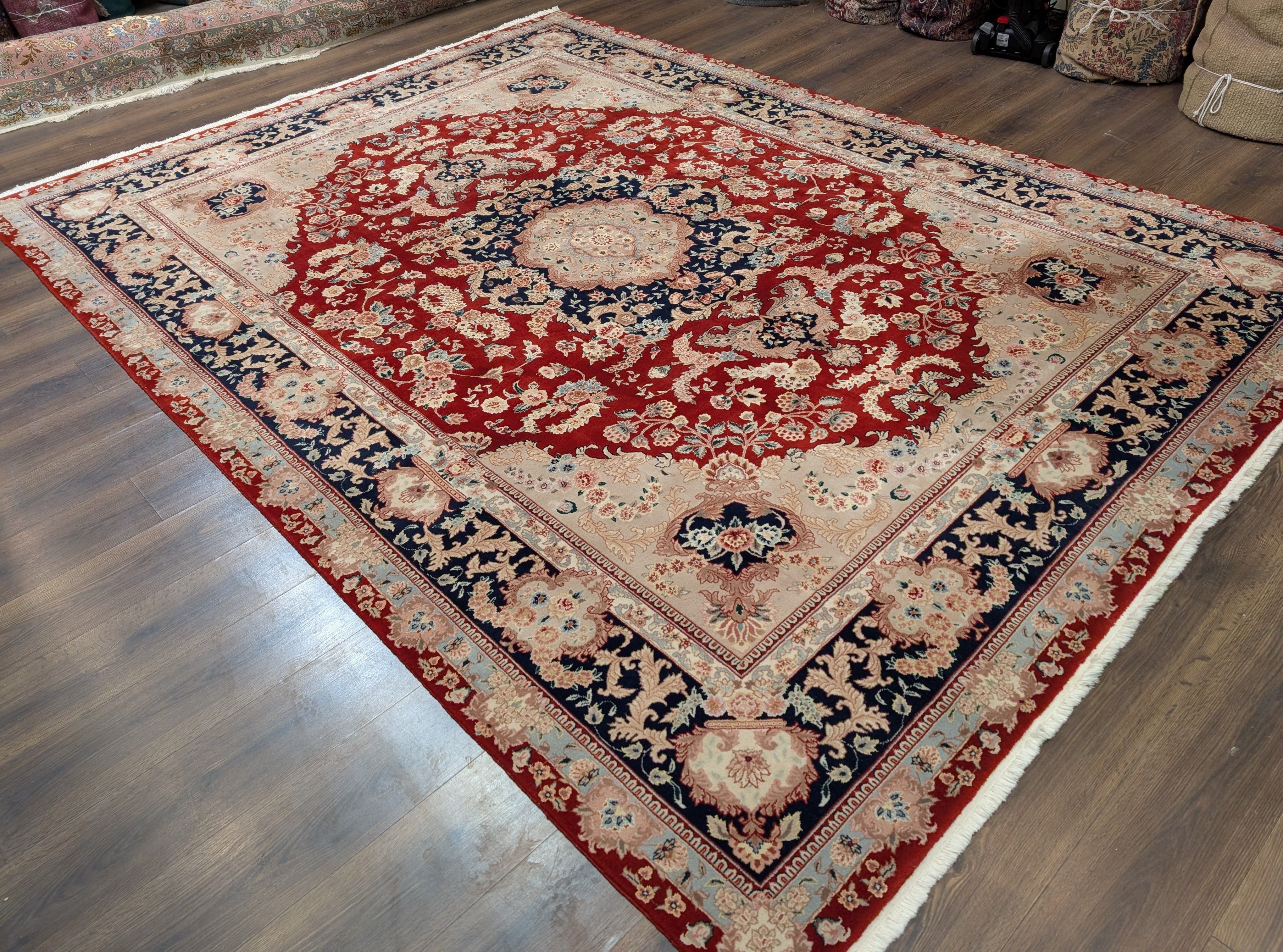 Pak Persian Rug 9x12 – Red and Navy, Wool and Silk, Medallion Oriental Carpet, 225 KPSI - Jewel Rugs