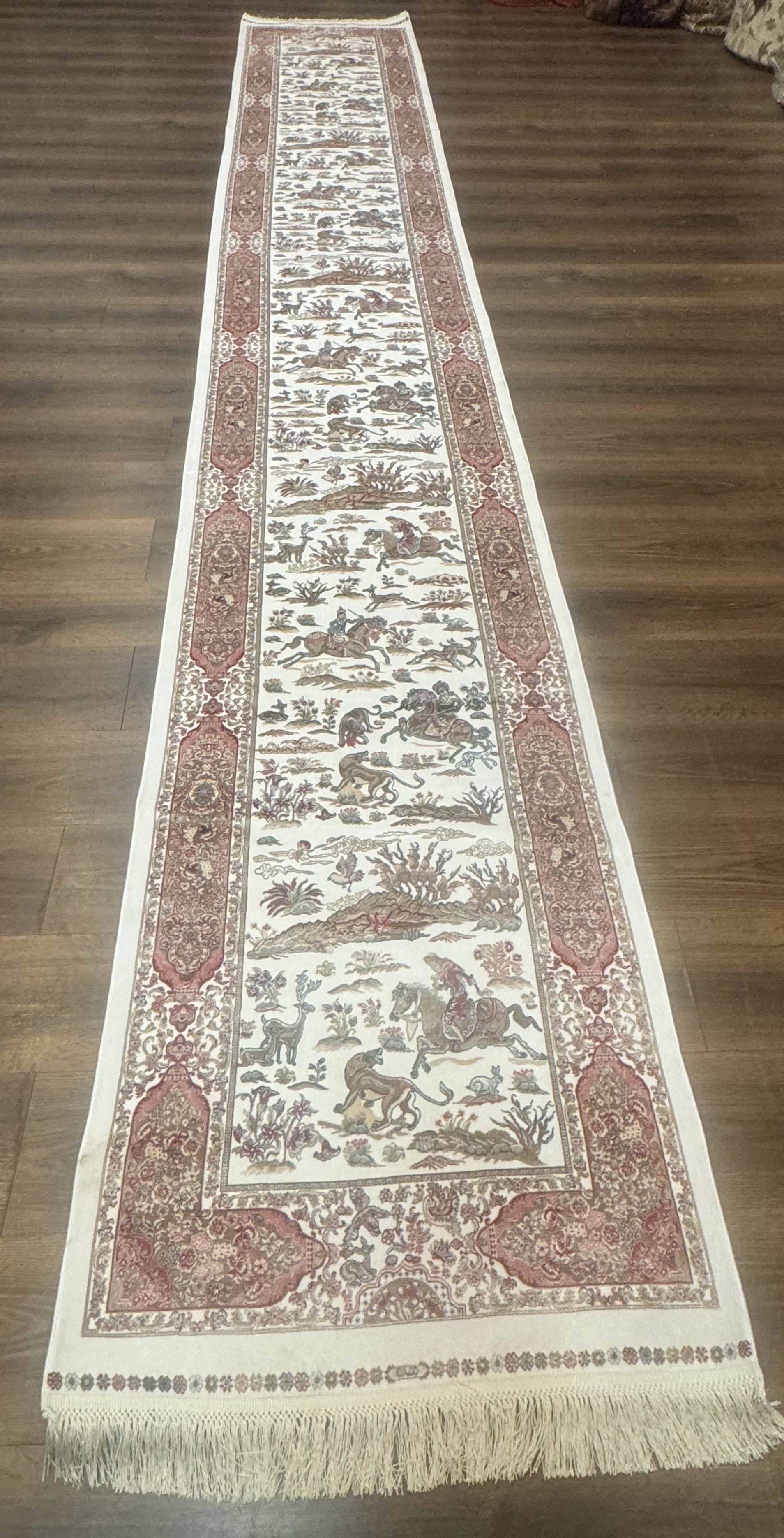 Long Turkish Silk Runner Rug 2.6 x 16.5, Hunting Design, Ivory, Bamboo Silk, New - Jewel Rugs