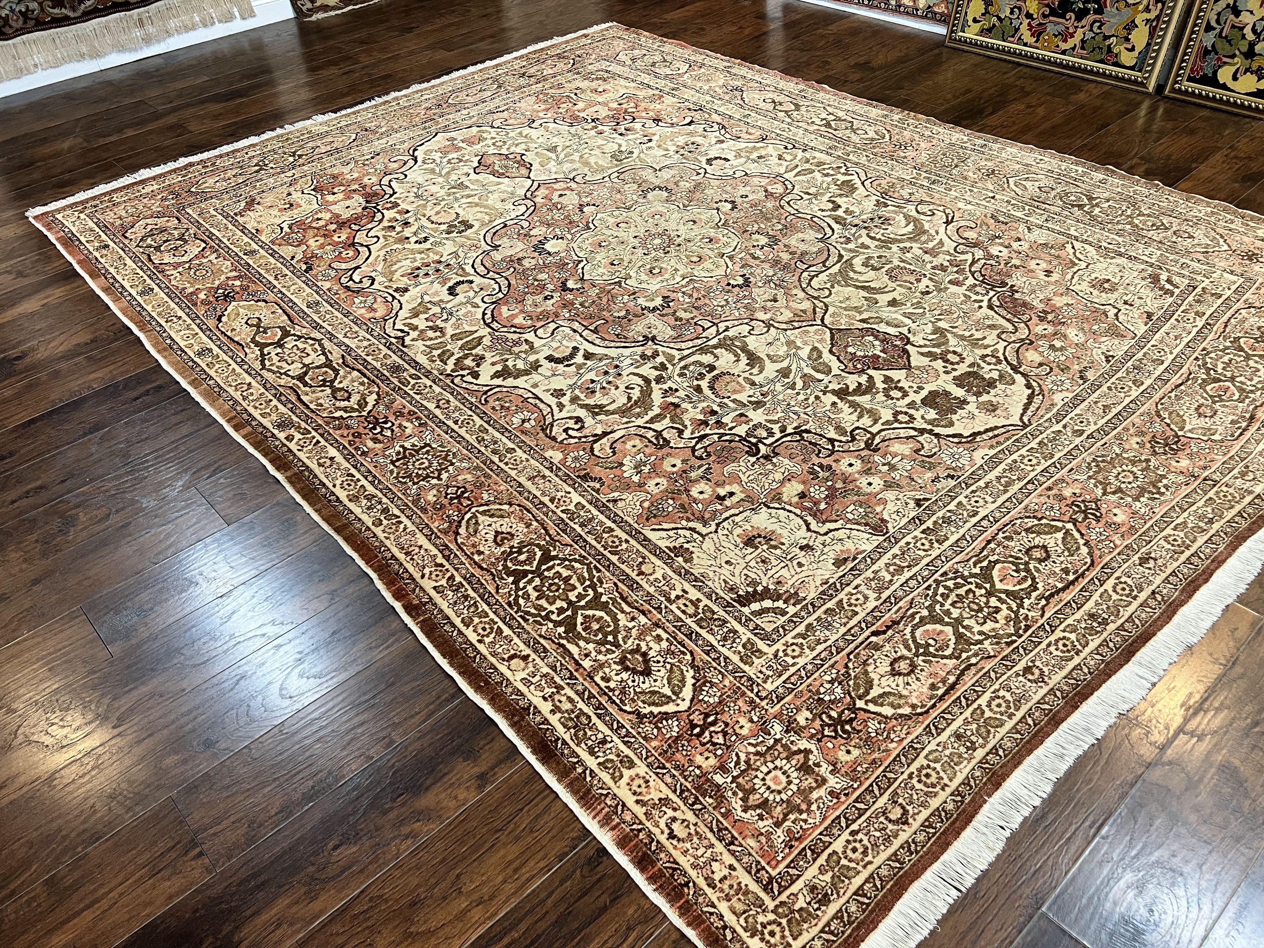 Antique Persian Tabriz Rug 10x12, Wool Hand Knotted Oriental Carpet, Beige Light Red, Floral Medallion - Jewel Rugs
