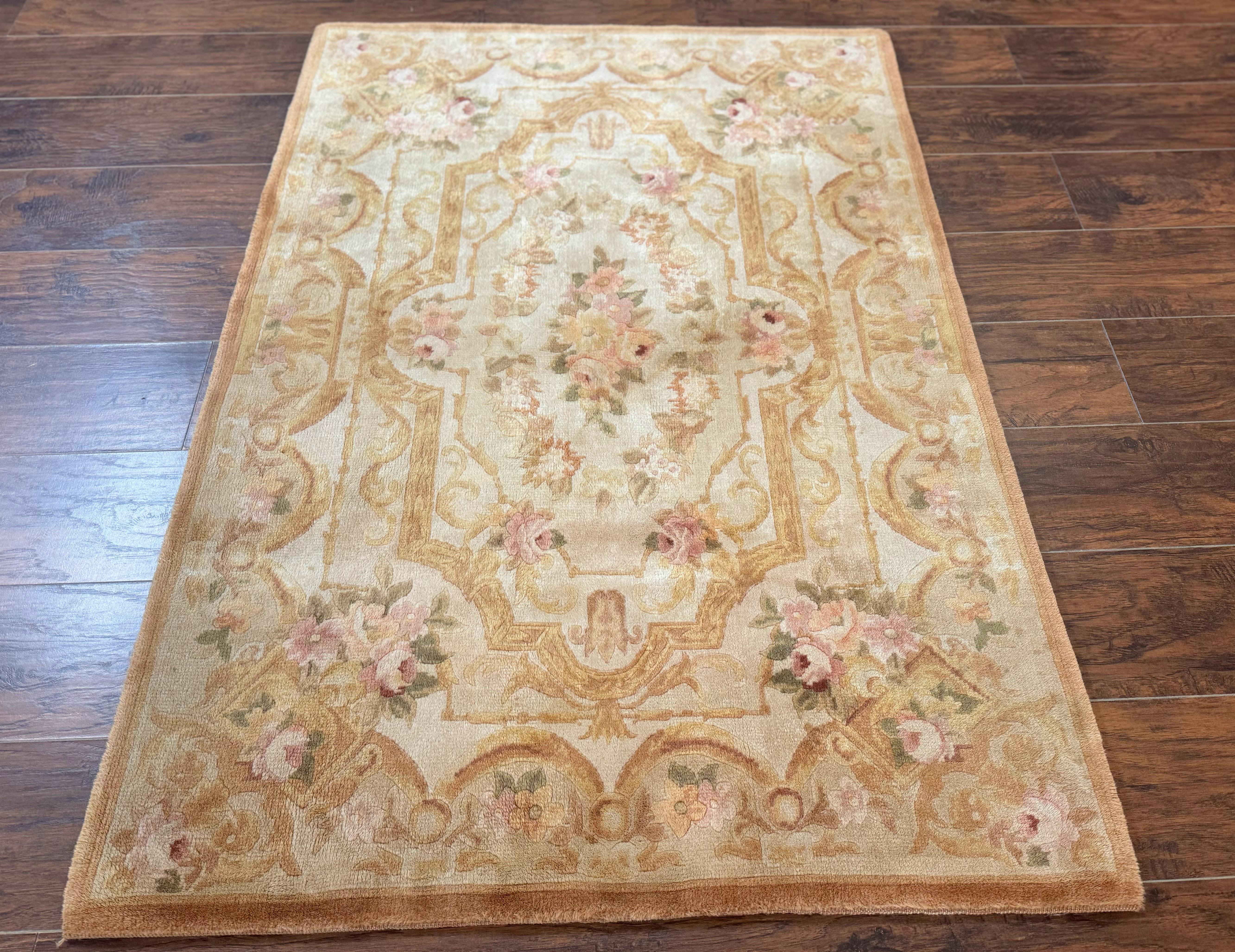 Chinese Aubusson Rug 3.6 x 5, Beige and Gold, Handmade Vintage Elegant European Design Carpet, Plush Wool, Handmade - Jewel Rugs