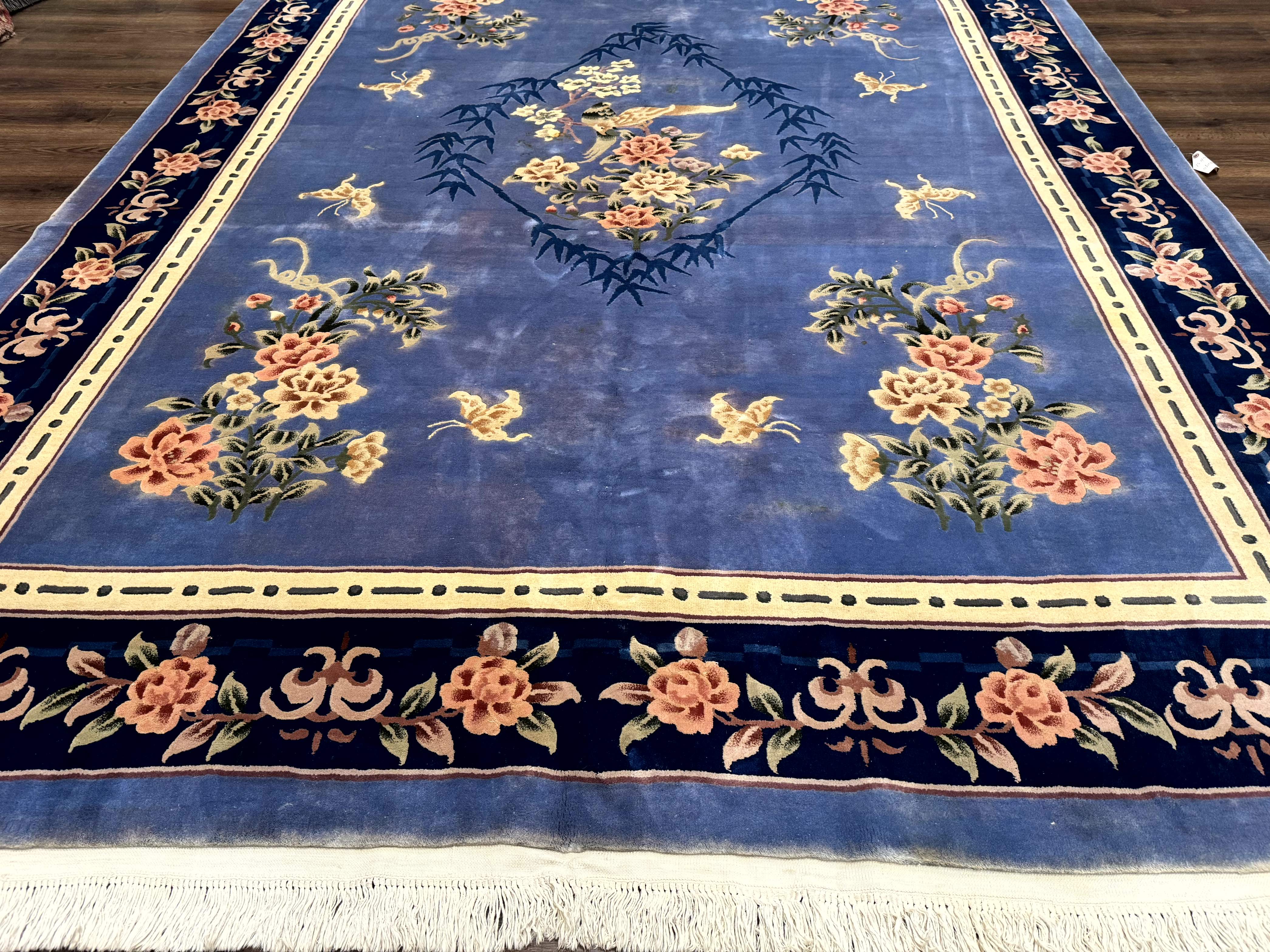 Blue Chinese Wool Rug 9x12, Art Deco Peking Asian Oriental Carpet, Floral Butterflies, 90 Line Rug - Jewel Rugs