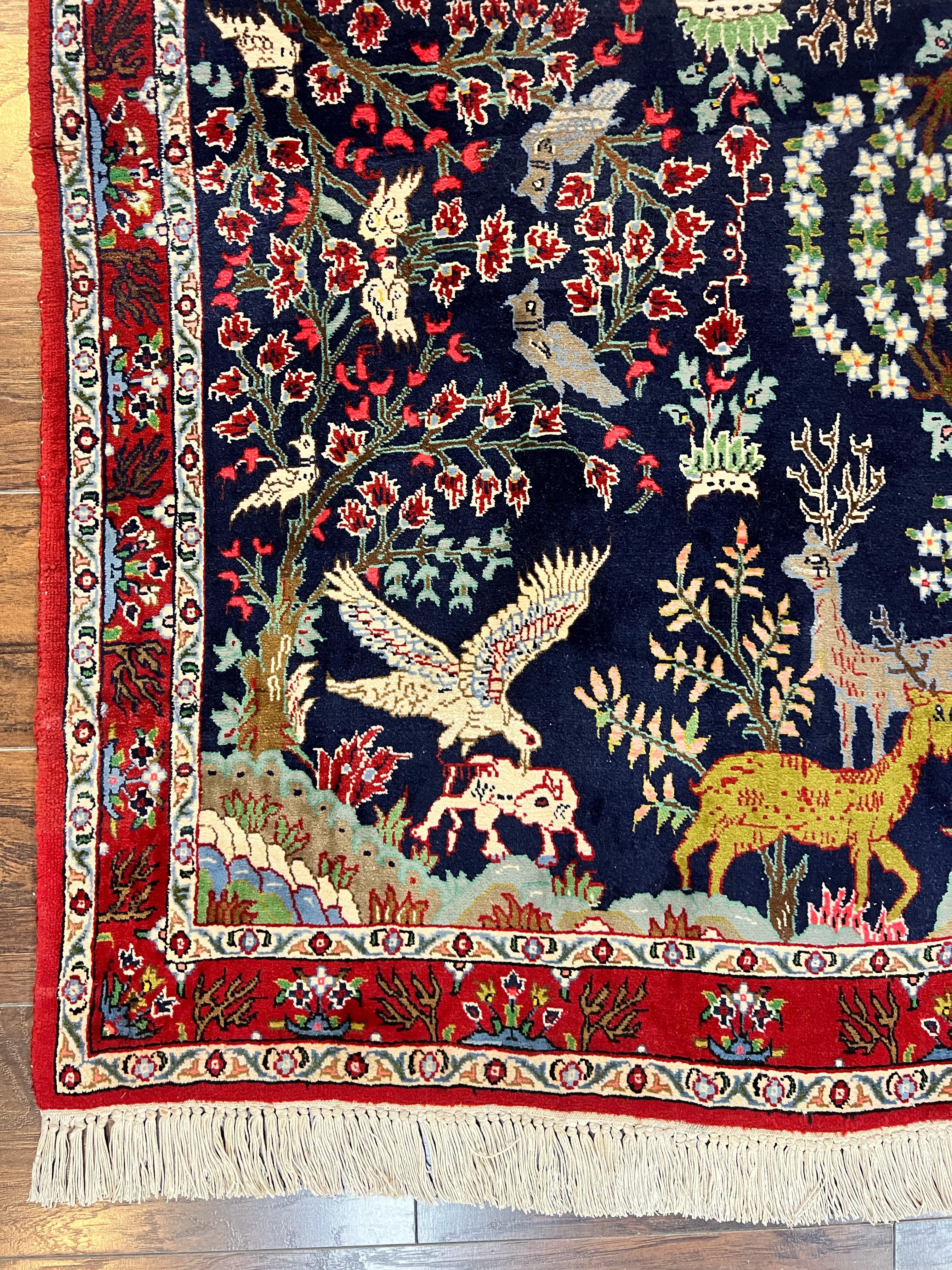 Small Persian Qum Rug 3x5, Animal Pictorials, Tree of Life, Hand Knotted Handmade Vintage Wool Oriental Carpet, Flowers Deer Birds, Dark Blue - Jewel Rugs