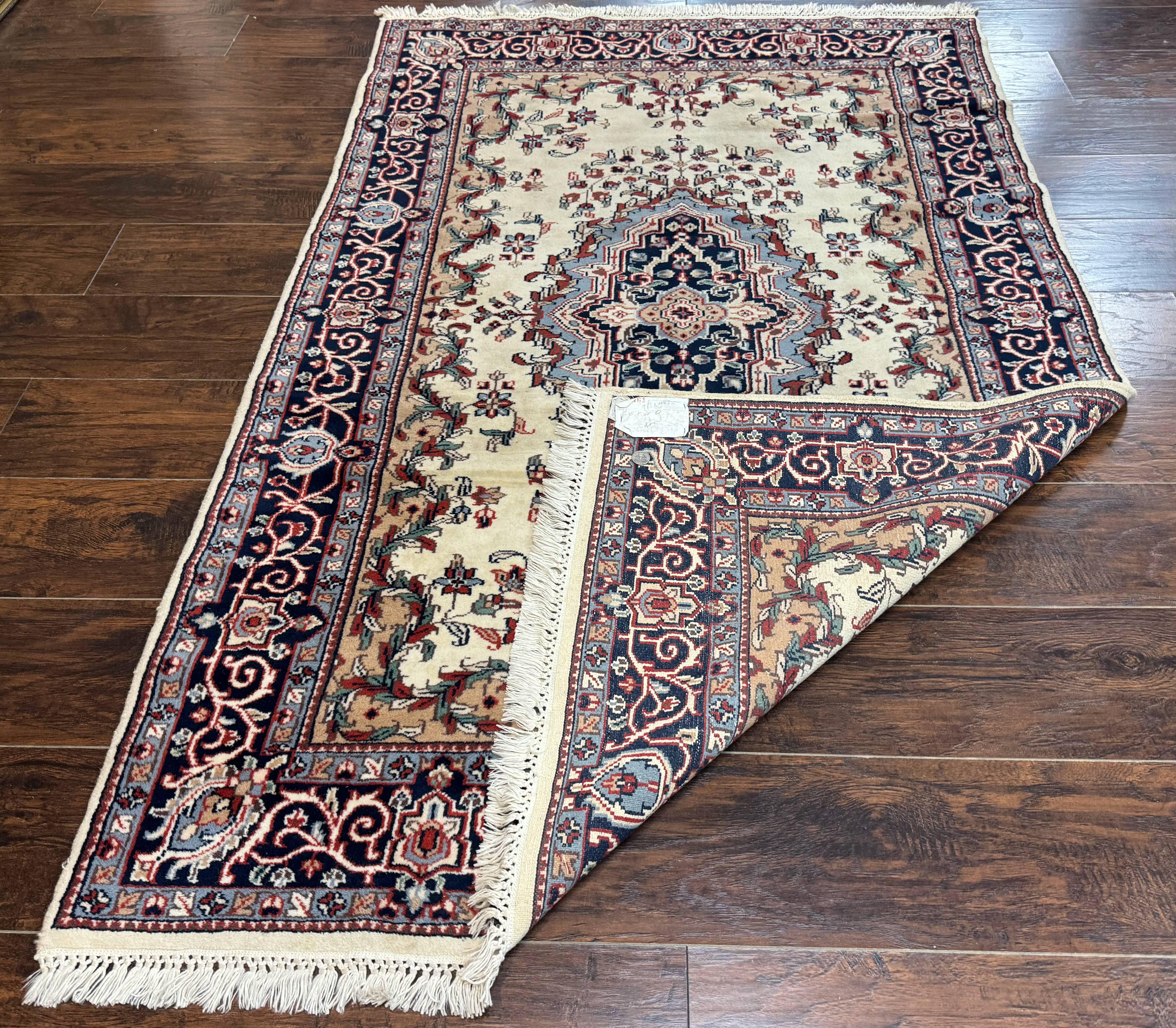 Indian Kashmiri Rug 4x6, Ivory Beige Navy Blue, Traditional Indo Persian Rug - Jewel Rugs